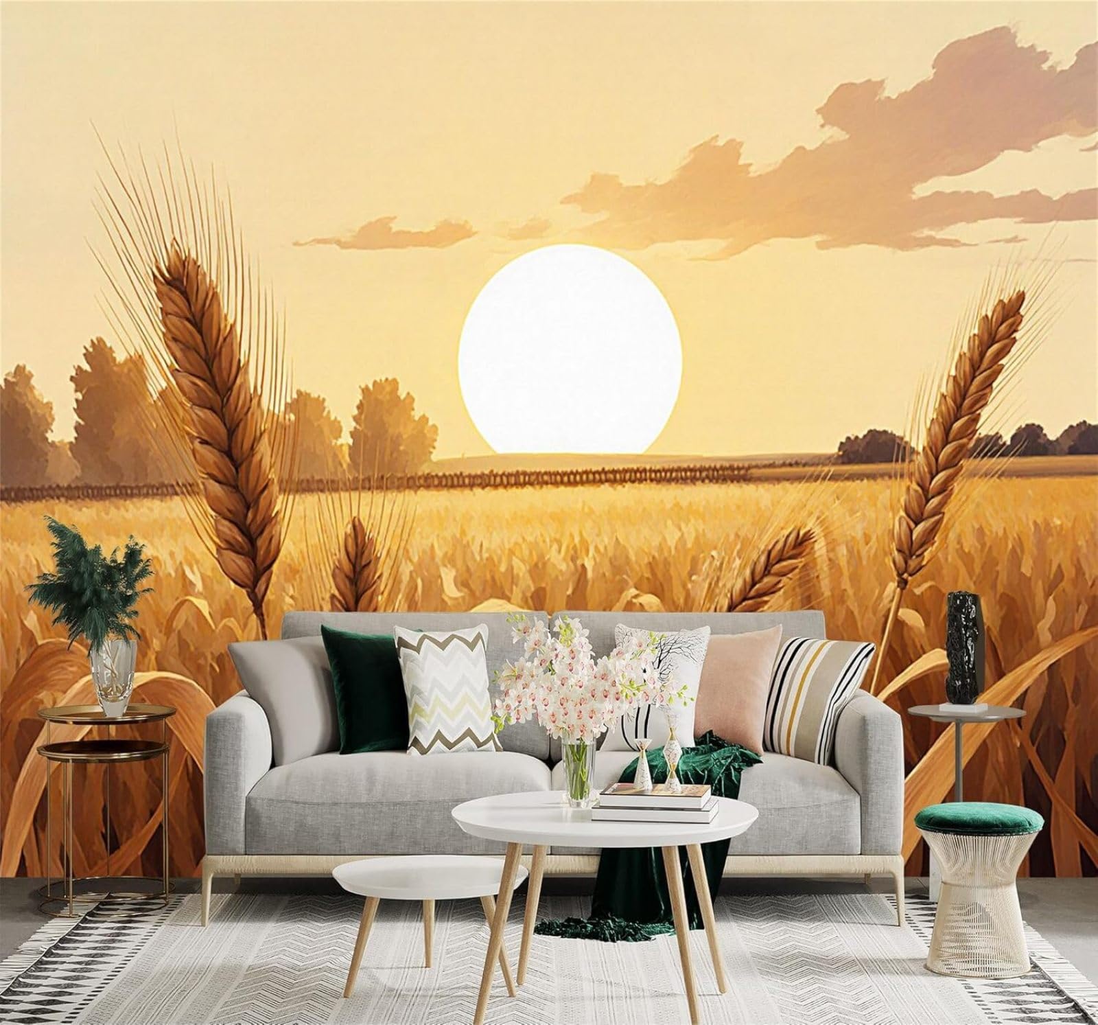 Xlming 400Cm×280Cm(B×H) Beautiful Sunset Golden Wheat Fields Countryside Warm Landscape 3D Wallpaper Silky Texture Home Study Office Grey Dining Room Sofa Bedroom Living Room Tv Backdrop-400Cm×280Cm