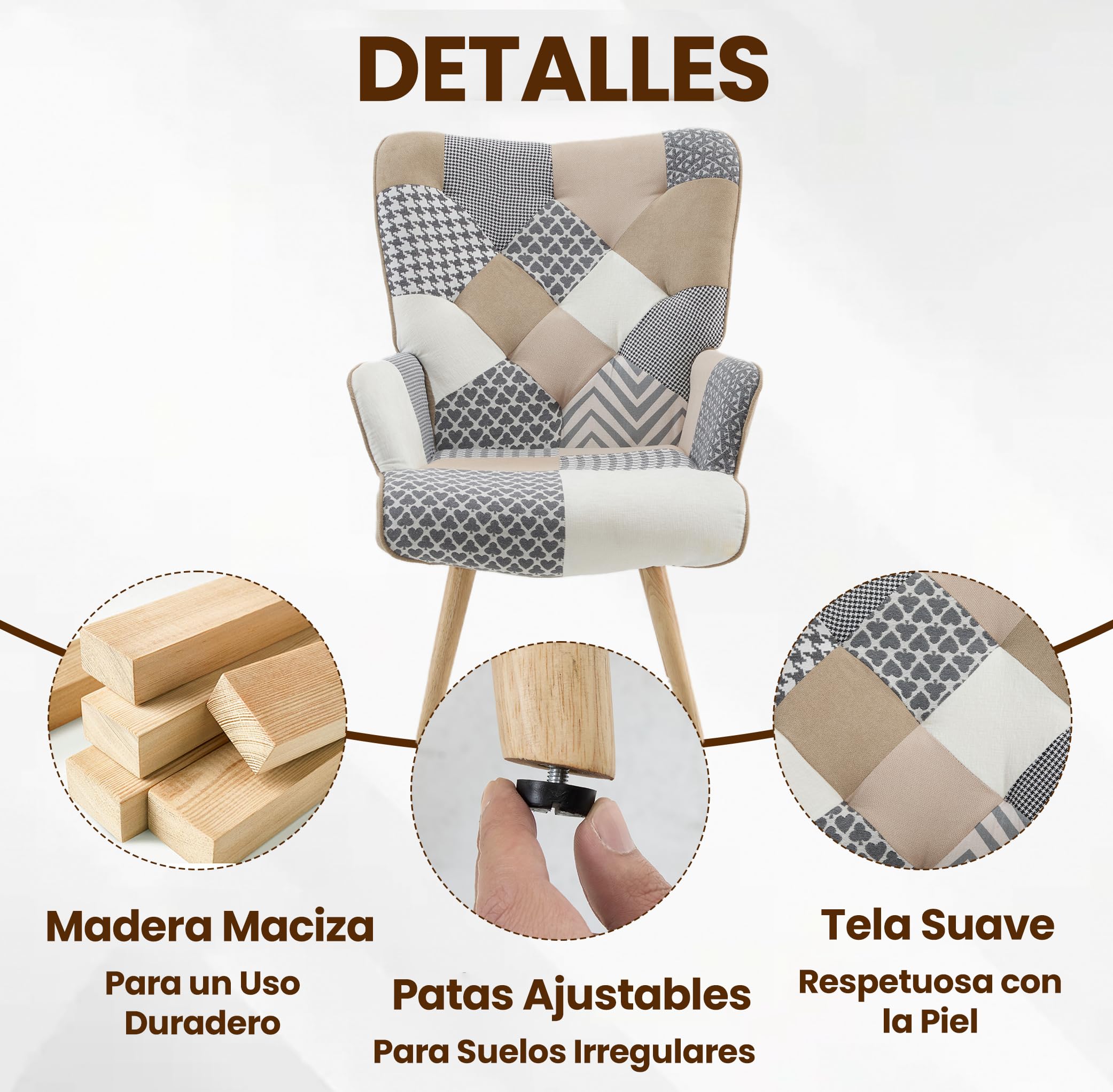 Pack de 2 Sillones de Acento Patchwork, Sillones Tapizados de Tela de Lino con Respaldo Alto y Patas de Madera para Salón, Dormitorio y Sala de Espera, Gris