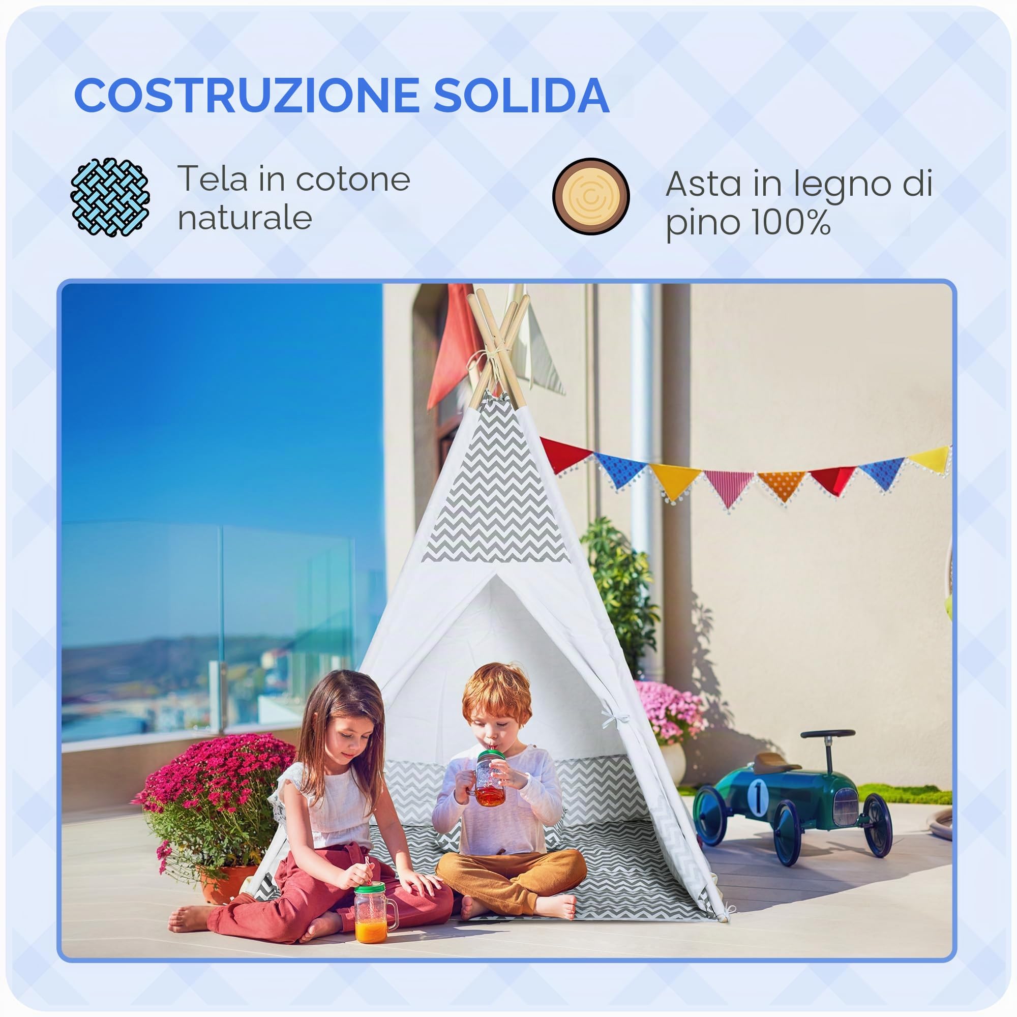 HOMCOM Tipi indiano tenda da gioco 1.2L x 1.2W x 1.55H m Grigio Bianco