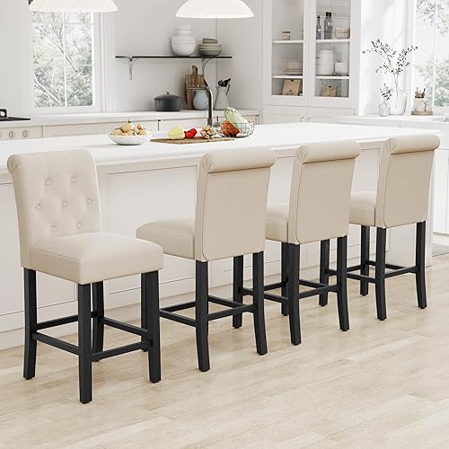 GOTMINSI 24 Inch Bar Stools for Kitchen Island, Set of 4 Fabric Barstools Upholstered Back Counter Bar Stools with Button Tufted Decoration Leisure Style Wooden Bar Chairs(Beige)
