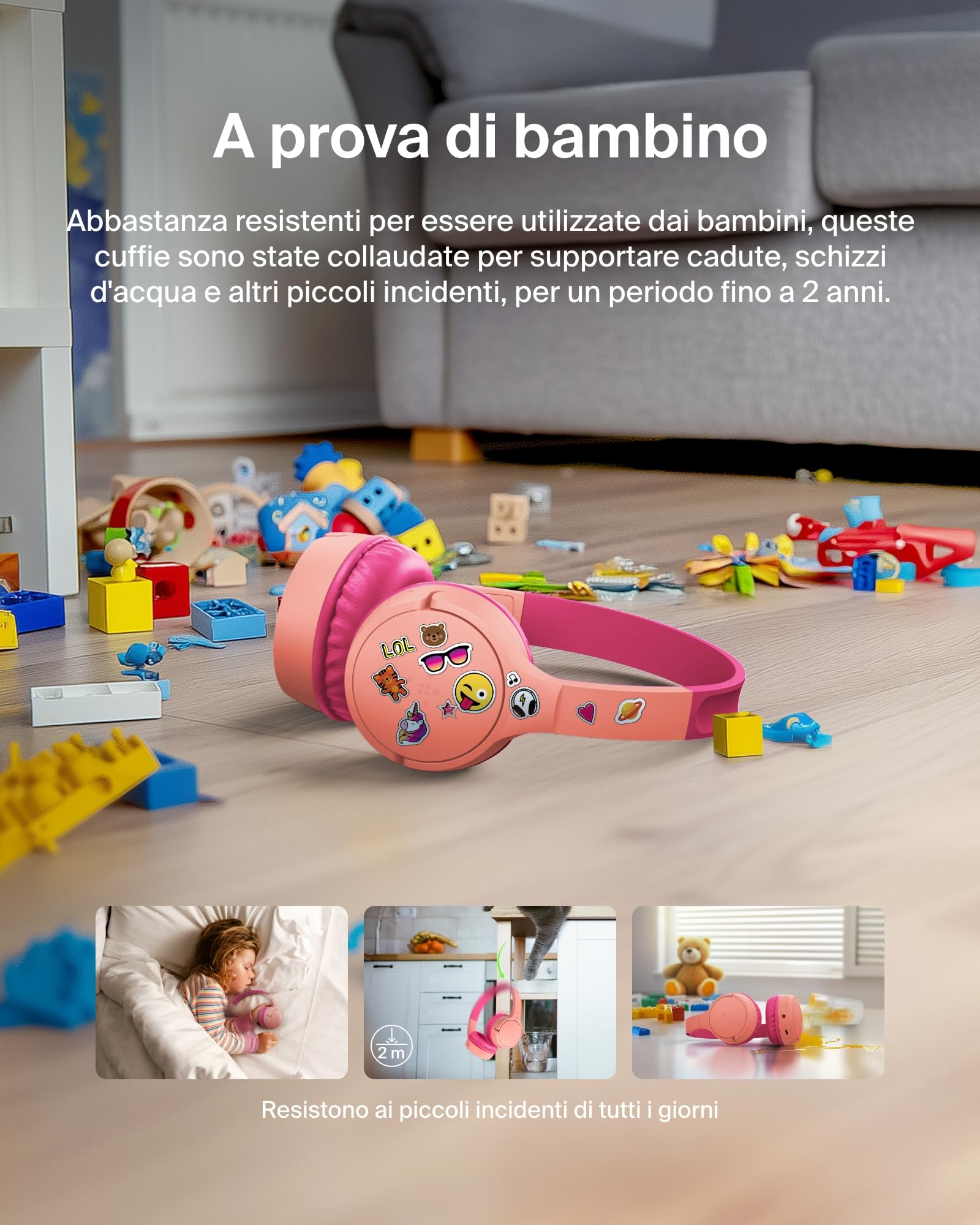 Belkin SoundForm Mini Cuffie wireless per bambini con microfono, 30 ore di riproduzione, adesivi divertenti, headset over-ear per didattica online, scuola e viaggi, per iPhone, iPad e Galaxy, rosa