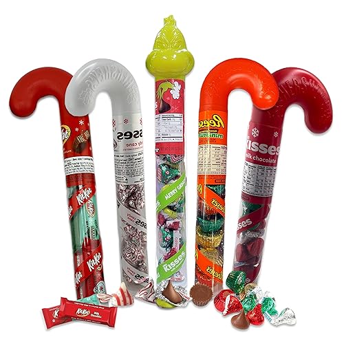 Hershey's - Paquete de 5 tubos de bastón de caramelo para rellenar calcetines de Navidad, bastón de caramelo de Navidad de Hershey Kisses, Grinch
