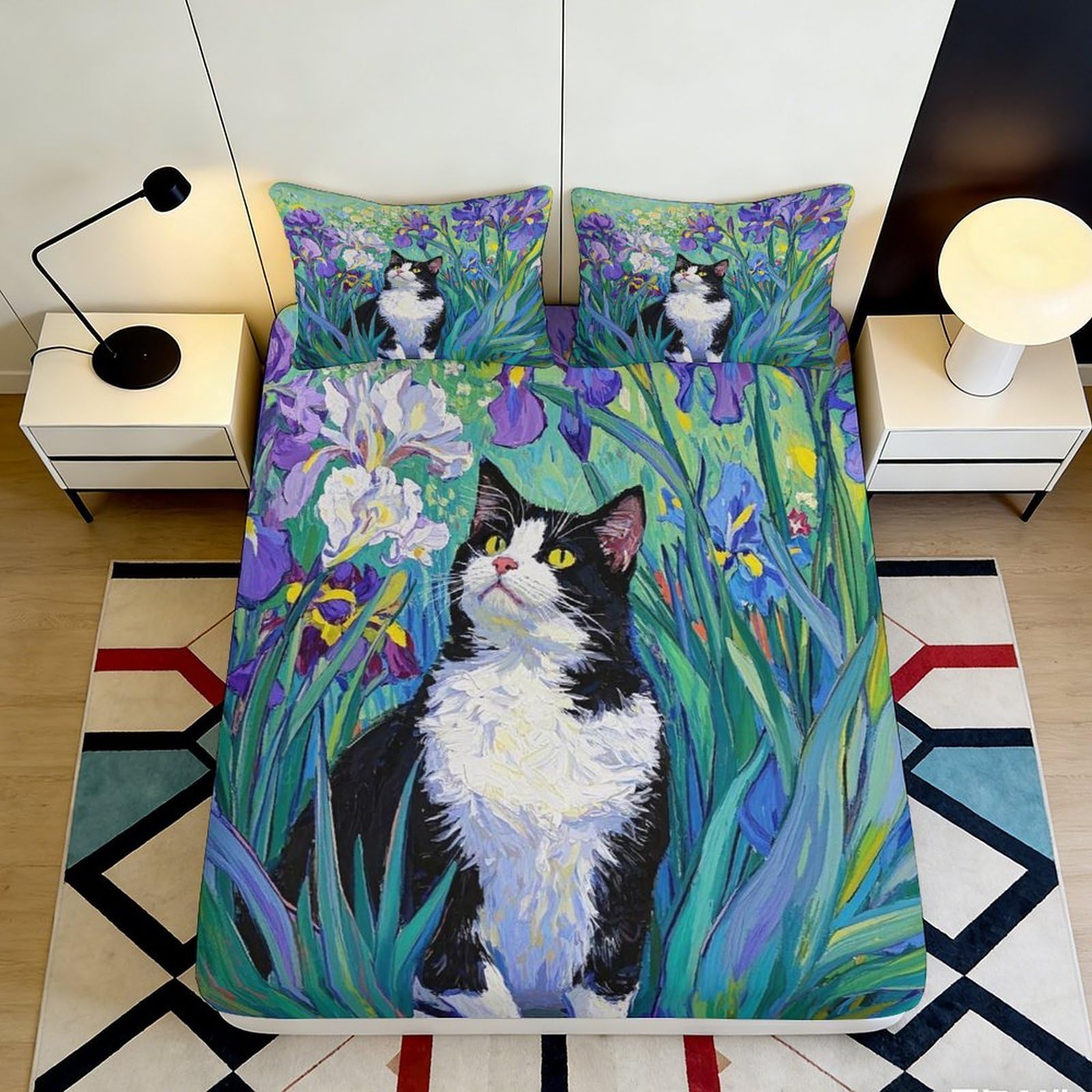 3D Printed Black Cat Iris Flower Fitted Sheet Microfiber Artistic Bed Cover for Bedroom Guest Room Decor 90x200x25cm