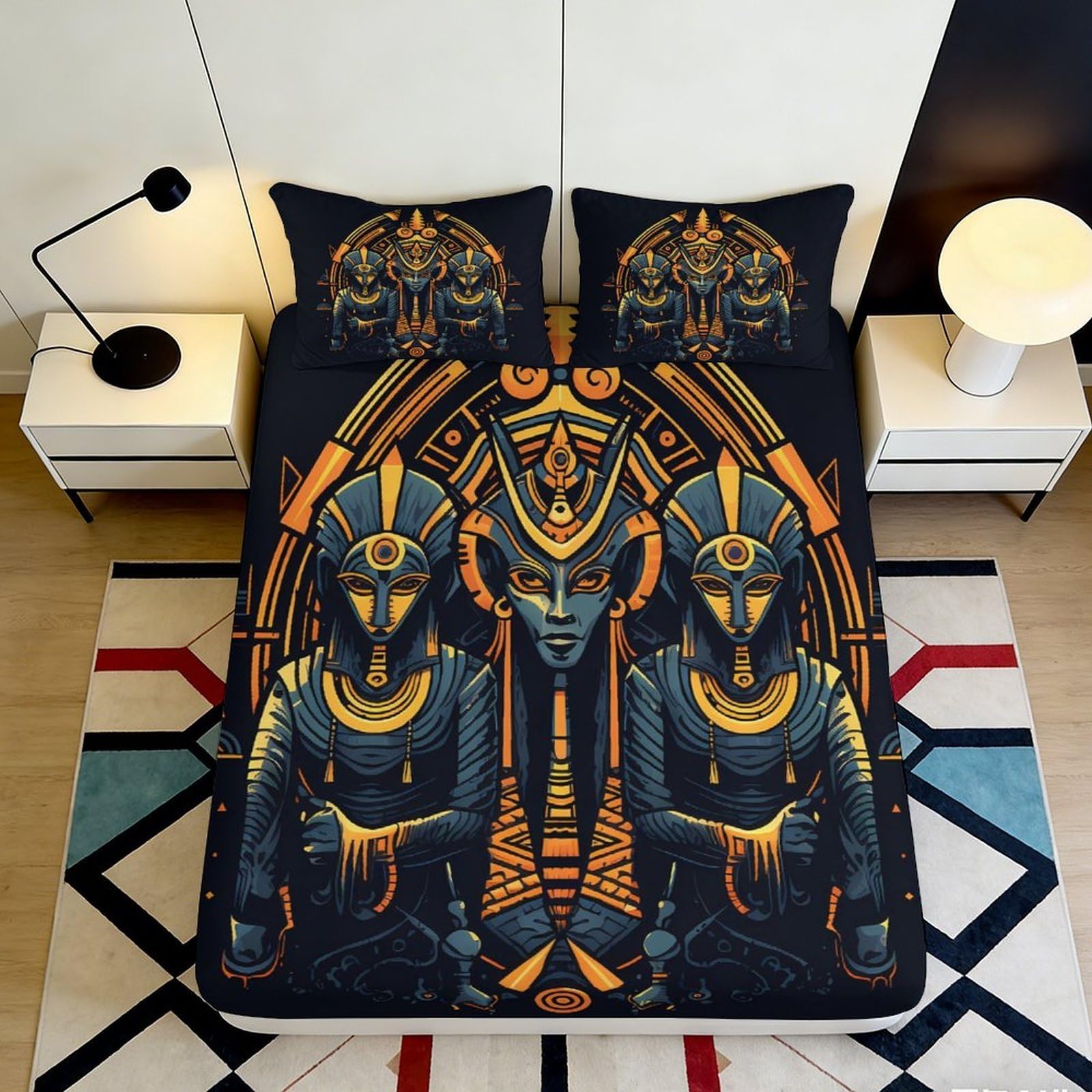 3D Printed Egyptian Pharaoh Fitted Sheet Microfiber Soft Black Gold Anubis Bed Cover for Bedroom Dorm Décor Protector 90x200x25cm