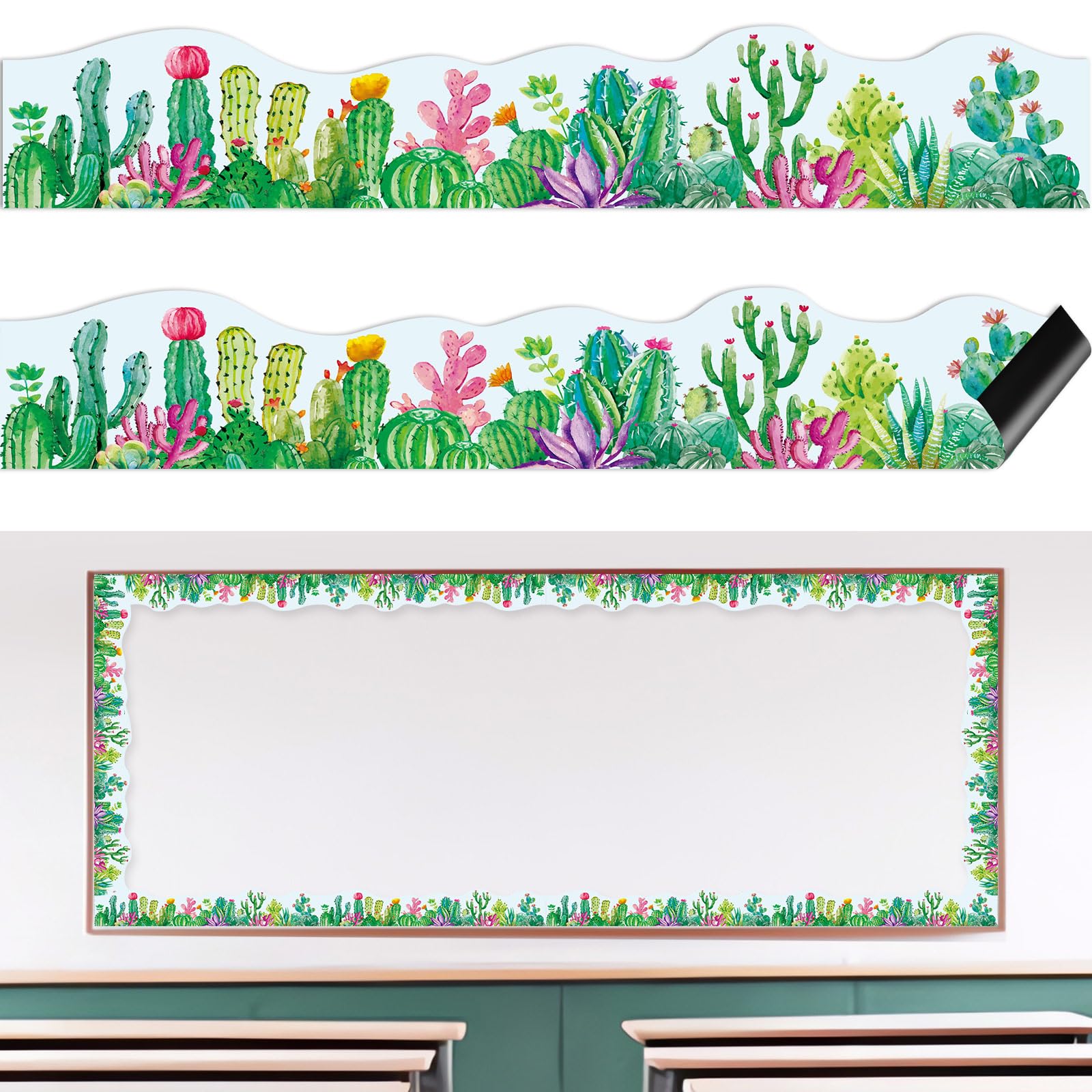 Sinload 12 Pcs Cactus Magnetic Border Watercolor Bulletin Board Border Cactus Strips Trim Bulletin Board Decorations for Back to School Classroom