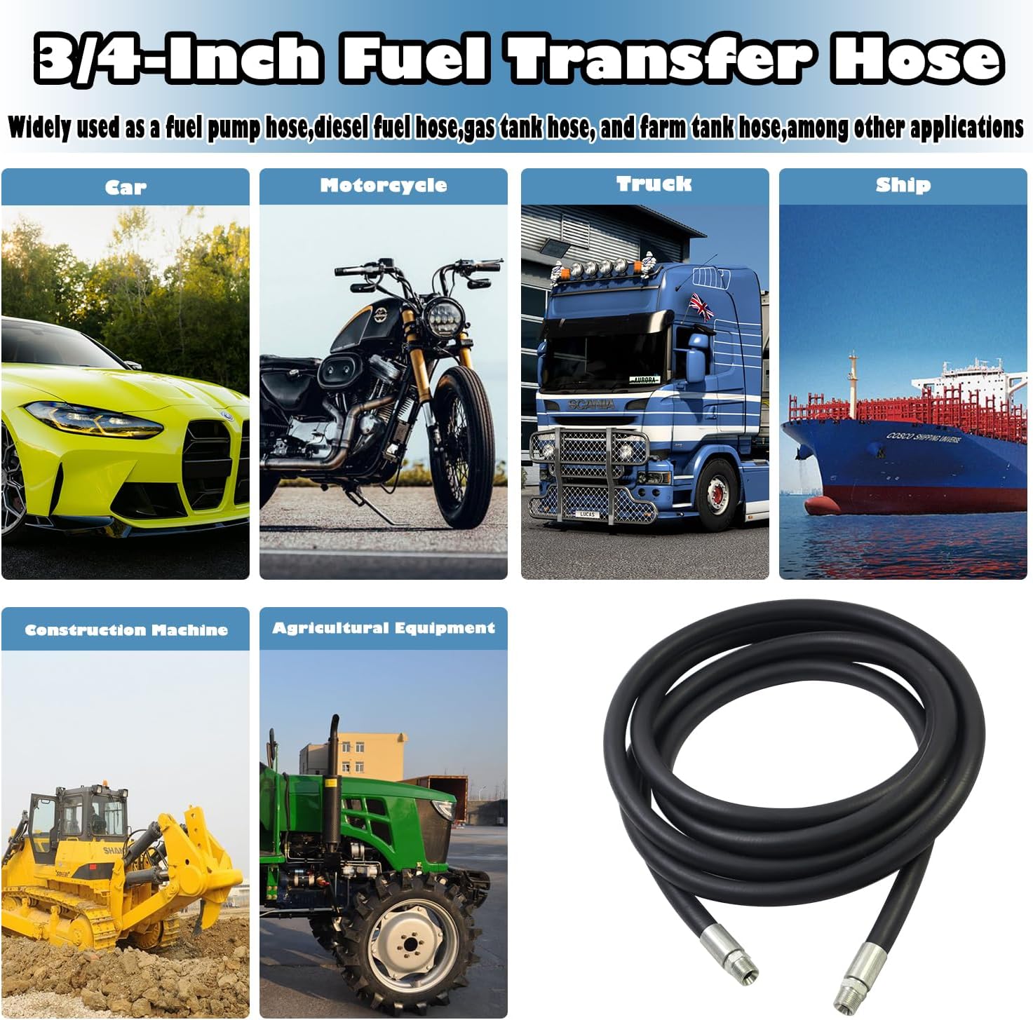 0.75 Inch x 10 Foot Neoprene Gasoline, Diesel, Biodiesel Fuel Pump Transfer Hose with Ground Wire and 3/4" Male Fittings, Black Fuel Transfer Hose Farm Fuel Hose 10FT