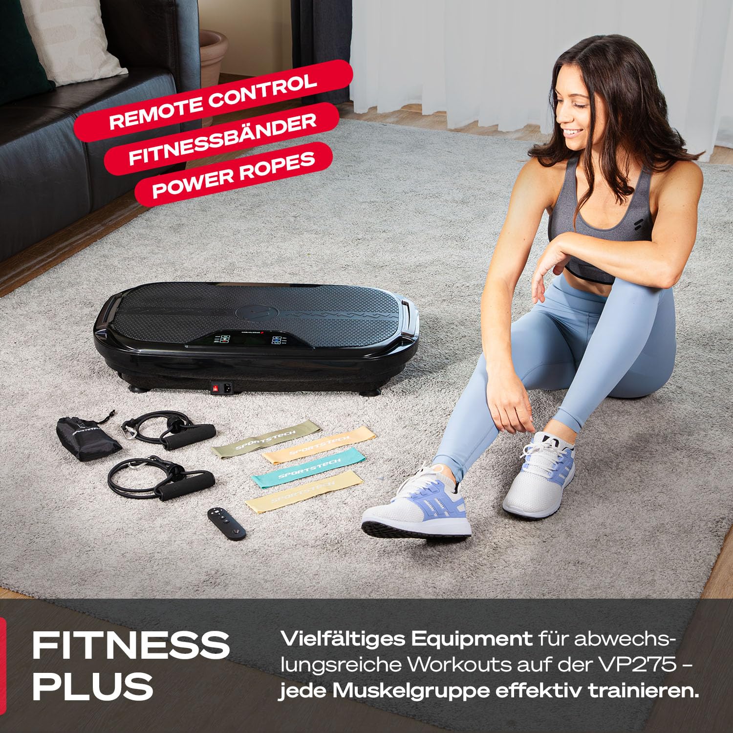 Sportstech VP275 3D Vibrationsplatte für Zuhause mit App-Steuerung, Rüttelplatte für Frauen & Männer, Lymphdrainage, Fettverbrennung & Muskelaufbau, Ganzkörpertraining, LED, Power Ropes, 99 Stufen