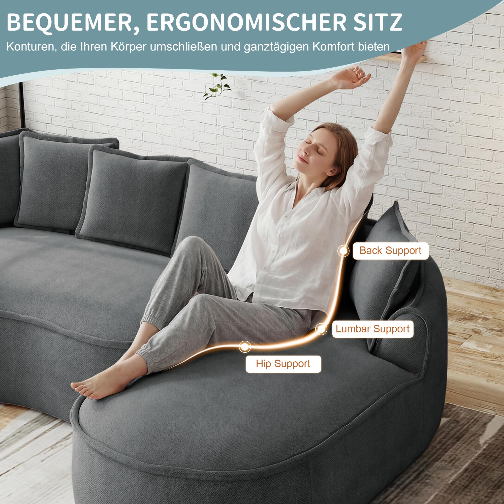 Bladez Frameless - Sofá modular de esquina en forma de L de chenilla, asiento extra profundo y chaise longue, sofá de suelo sin montaje, sofá curvo para salón (gris, 3 plazas