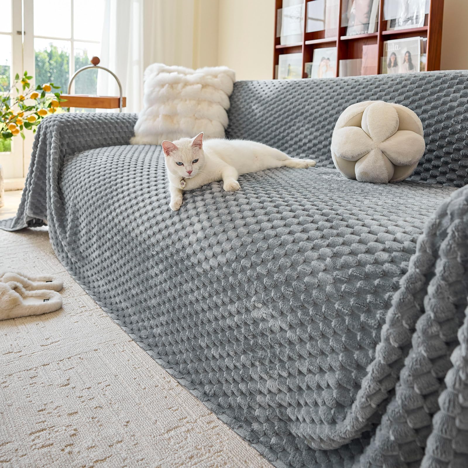 TAOTAOGO Pet Couch Cover, Fuzzy Non Slip Couch Slipcover Sofa Cover for 3 4 Seater for Corner L Shaped Sofa,Washable Sofa Covers Couch Protector, Pet Friendly (Light Grey 230x340cm) — image 1