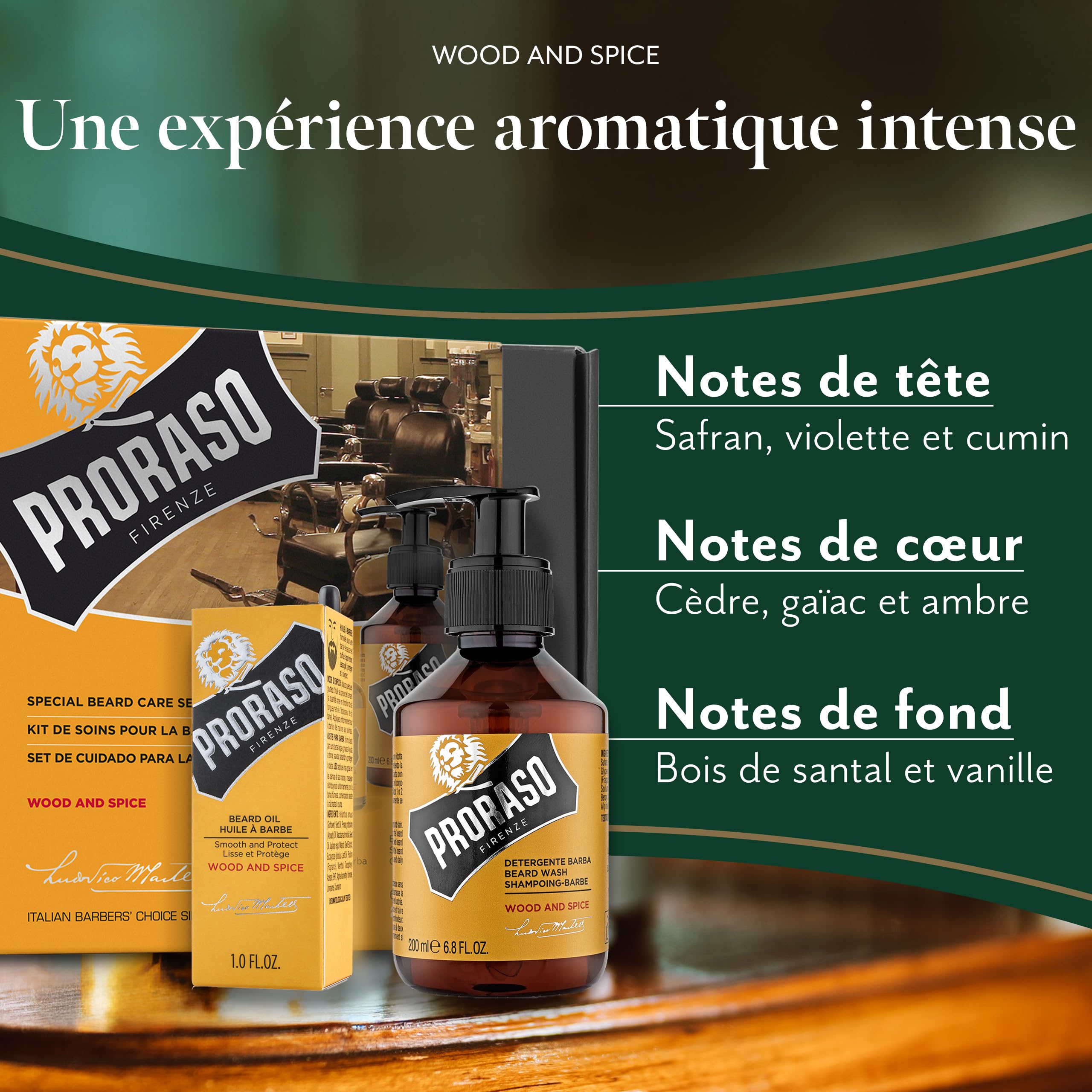 Proraso Coffret Soin Barbe Wood & Spice (2 produits) - Coffret cadeau pour hommes avec nettoyant à barbe et huile à barbe, parfum avec cumin et safran - Fabriqué en Italie