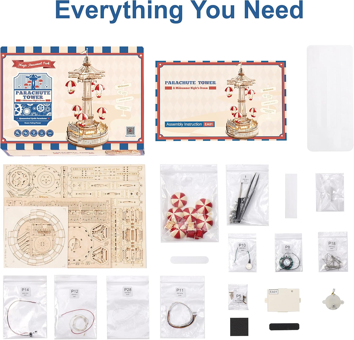 Contents of the ROBOTIME Parachute Tower EA01 kit, including wooden sheets, instructions, and various components.