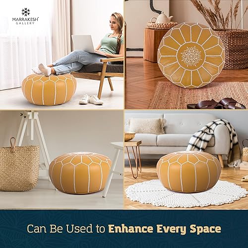 Miniatura 76 de Marrakesh Gallery - Funda de puf marroquí, otomana redonda y grande de piel, decoración bohemia para sala de estar, reposapies, sin relleno Marrón