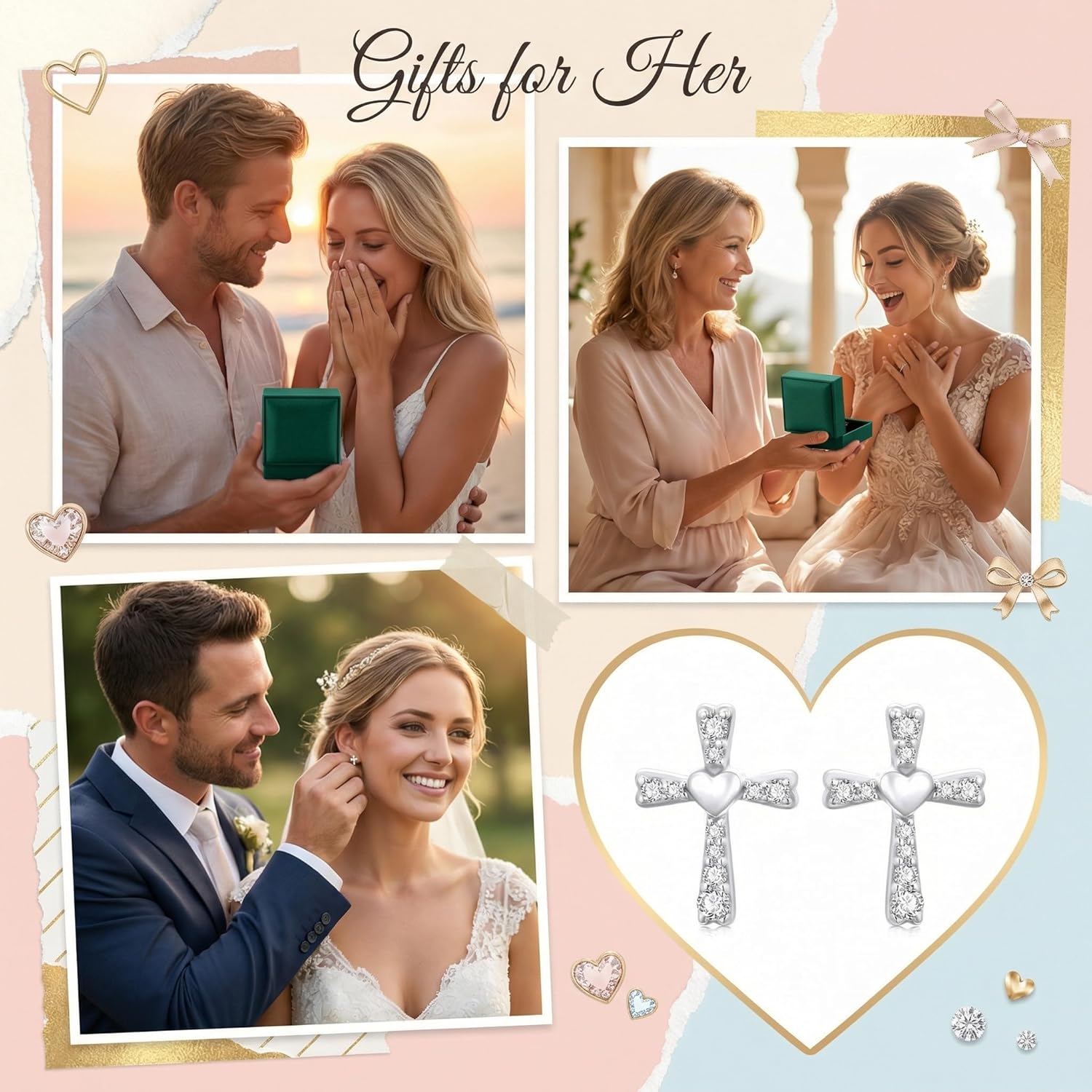 14k Gold Cross Stud Earrings for Women, 14kt Cubic Zirconia Religious Jewelry Confirmation Gifts for Her