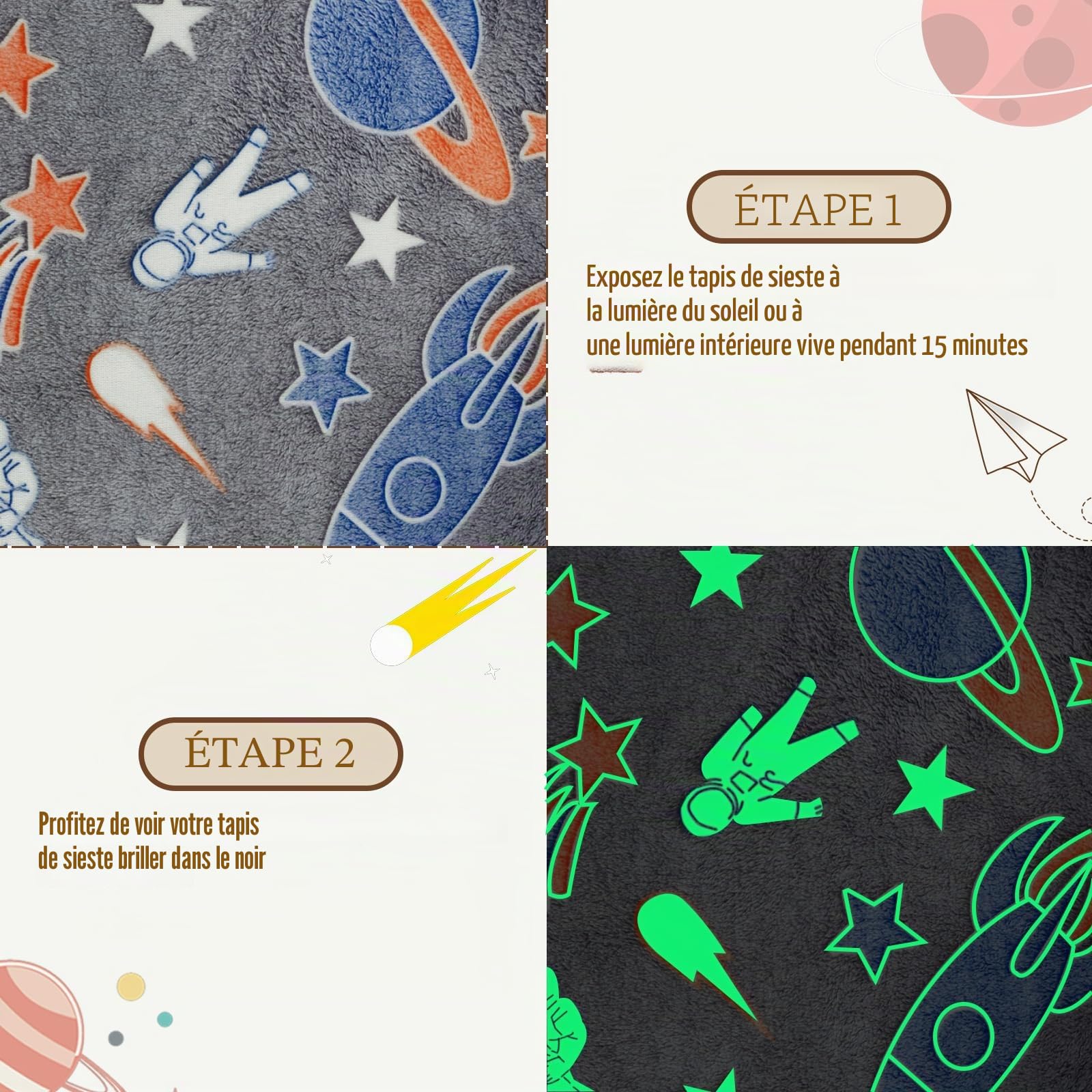 Decalsweet Sac de Couchage Lumineux pour Enfants avec Oreiller Amovible, Tapis de Sieste Pliable pour Filles et Garçons, Couverture de Sieste avec Double Fermeture Eclair pour Camping Ecole Garderie
