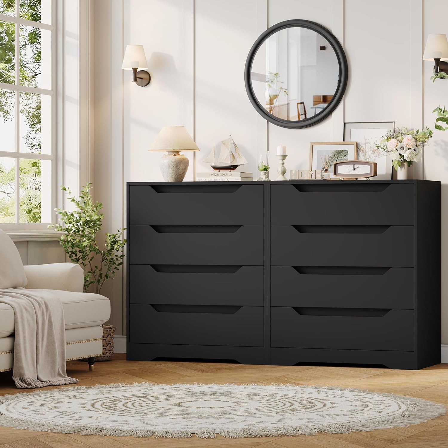 Dresser with open drawers showing storage