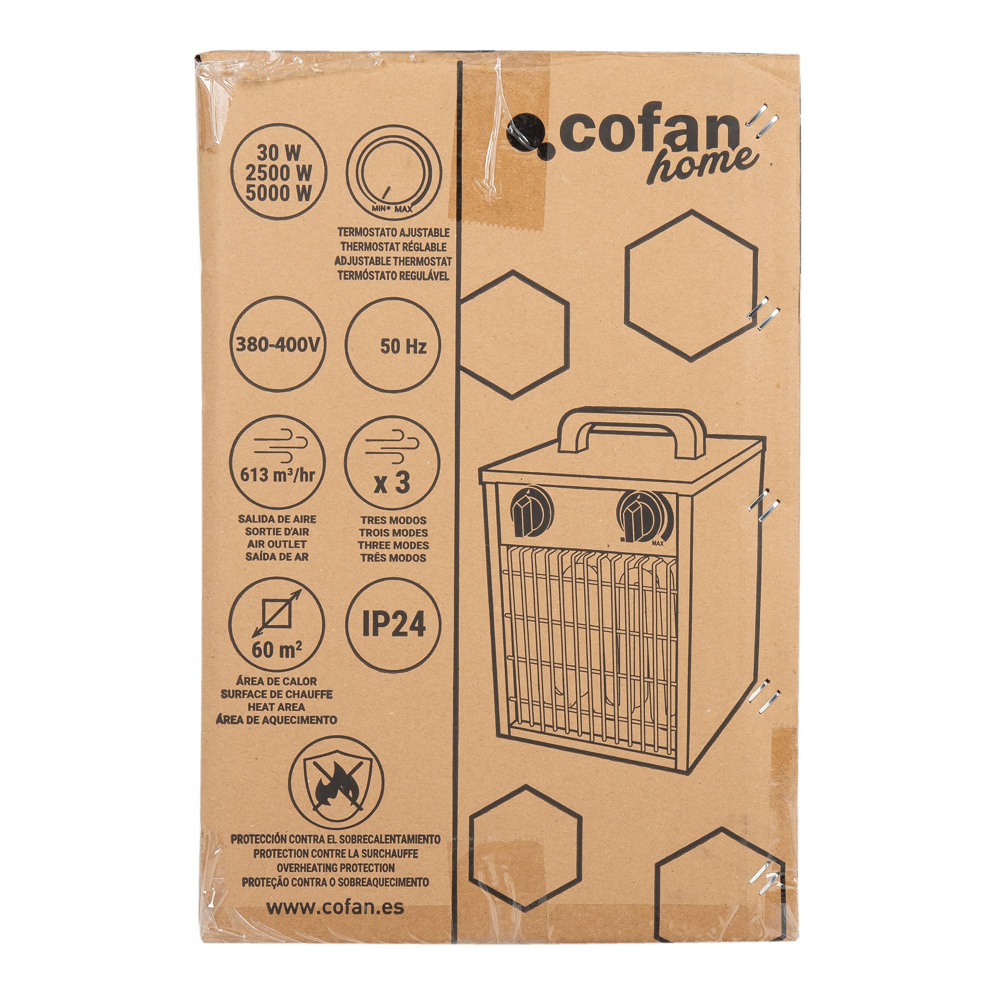Cofan Grzejnik przemysłowy 5000 W | 3 poziomy mocy | Regulowany termostat | Funkcja wentylatora | Gniazdo trójfazowe (5 pinów) | Nadaje się do użytku przemysłowego