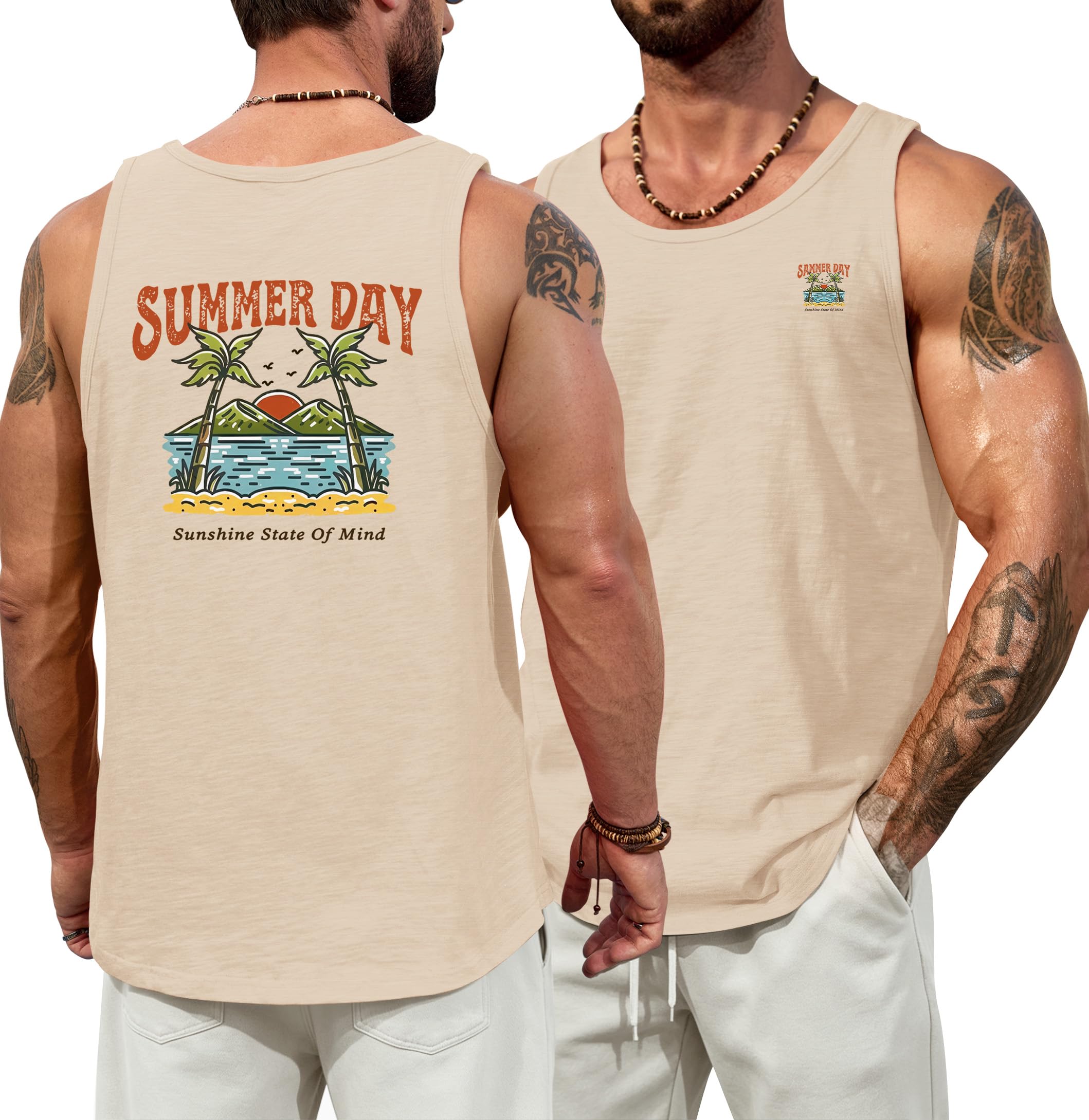 VOGSTART Mens Graphic Muscle Tank Top Beach Slub Cotton Sleeveless Shirts