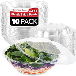 Plastic Salad Bowls with Lids (10 Count) 64 oz. Disposable Serving Bowls - Plastic Serving Bowls for Parties - Large Clear Plastic Bowls - Large Disposable Salad Bowl To-Go Container with Airtight Lid