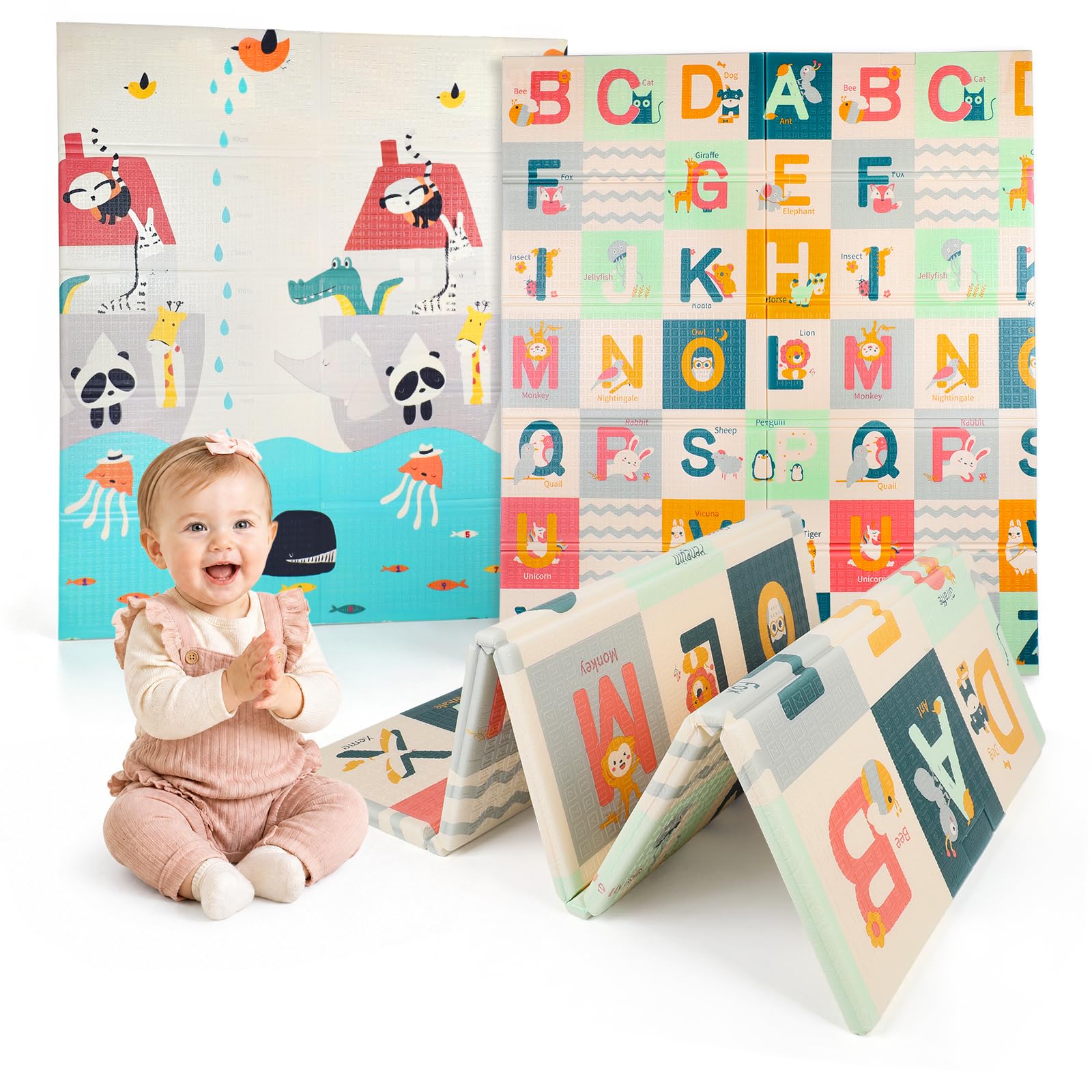 Dripex Krabbelmatte Baby Faltbar 200x180x1.5 CM Kinder Spielmatte BPA-frei | Groß Spieldecke Rutschfeste Krabbeldecke Wendbar Tragbar & Wasserdicht für Kinderzimmer Wohnzimmer (ab 0 Monate)