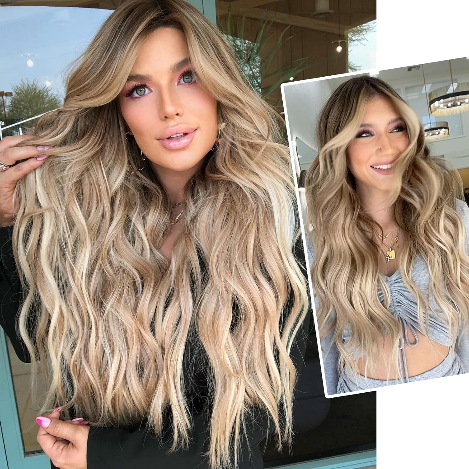 LEOSA Wavy Wig Long Ombre Blonde wig with Bangs 26 Inch Layered Wig for Women Dirty Blonde Hairline Middle Part Curly Wavy Synthetic Wig for Daily Party Use,Ombre Blonde