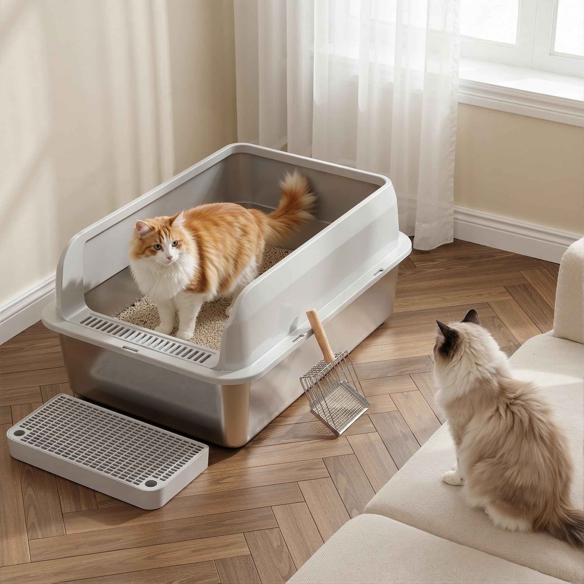Katzenklo Edelstahl, Katzentoilette Groß XL mit Metall Schaufel, 40L Katzenklo mit Abnehmbares Hoher Rand, Halbgeschlossene Katzentoilette Metall für Katzen, Leicht zu Reinigen, Geruchsfrei