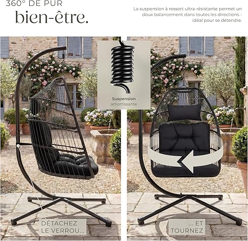 tectake® Fauteuil Oeuf Suspendu Chaise hamac Balancoire Cocooning Confortable Pliable Résistant, Fauteuil Relax avec Structure en Acier & Coussin Épais - 7