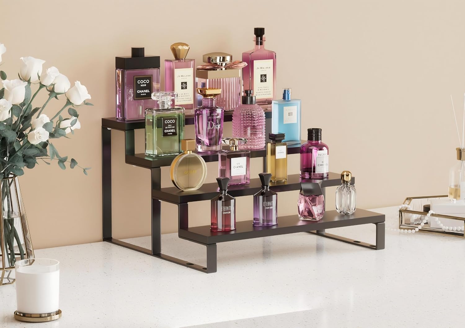 Wood Cologne Organizer for Men,12 Inch 4 Tier Cologne Stand Waterproof Perfume Organizer for Dresser with Anti-Slip Washers,Wooden Display Risers Stand for Party,Makeup,Figures,Cupcake,Perfume,Dessert - Image 3