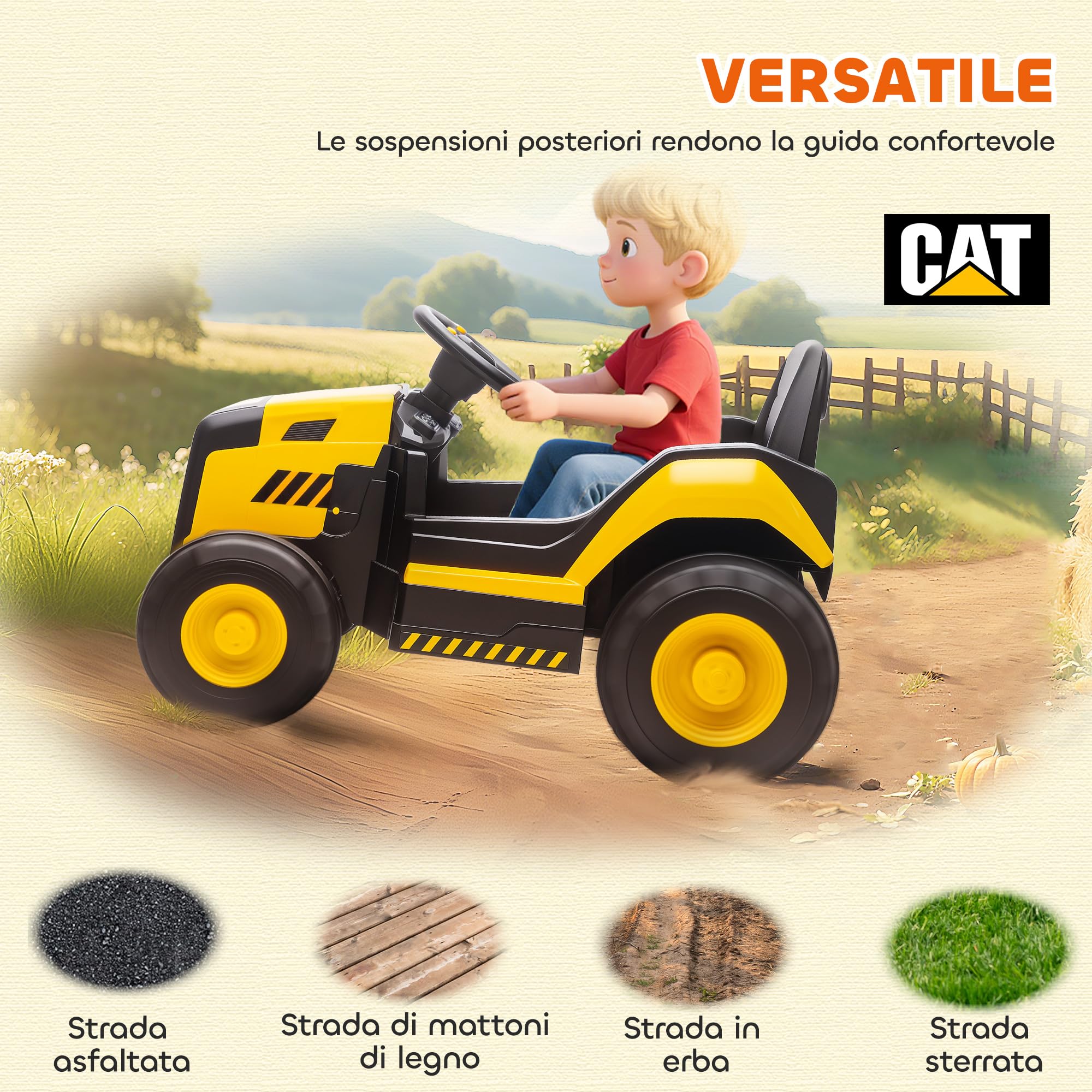 AIYAPLAY Trattore Elettrica per Bambini 3-6 Anni Licenza CAT, 12V Macchina Elettrica Escavatore Giocattolo Cavalcabile con 2 Motori, Sospensioni, Telecomando, Luci, Musica, USB e Bluetooth, Giallo