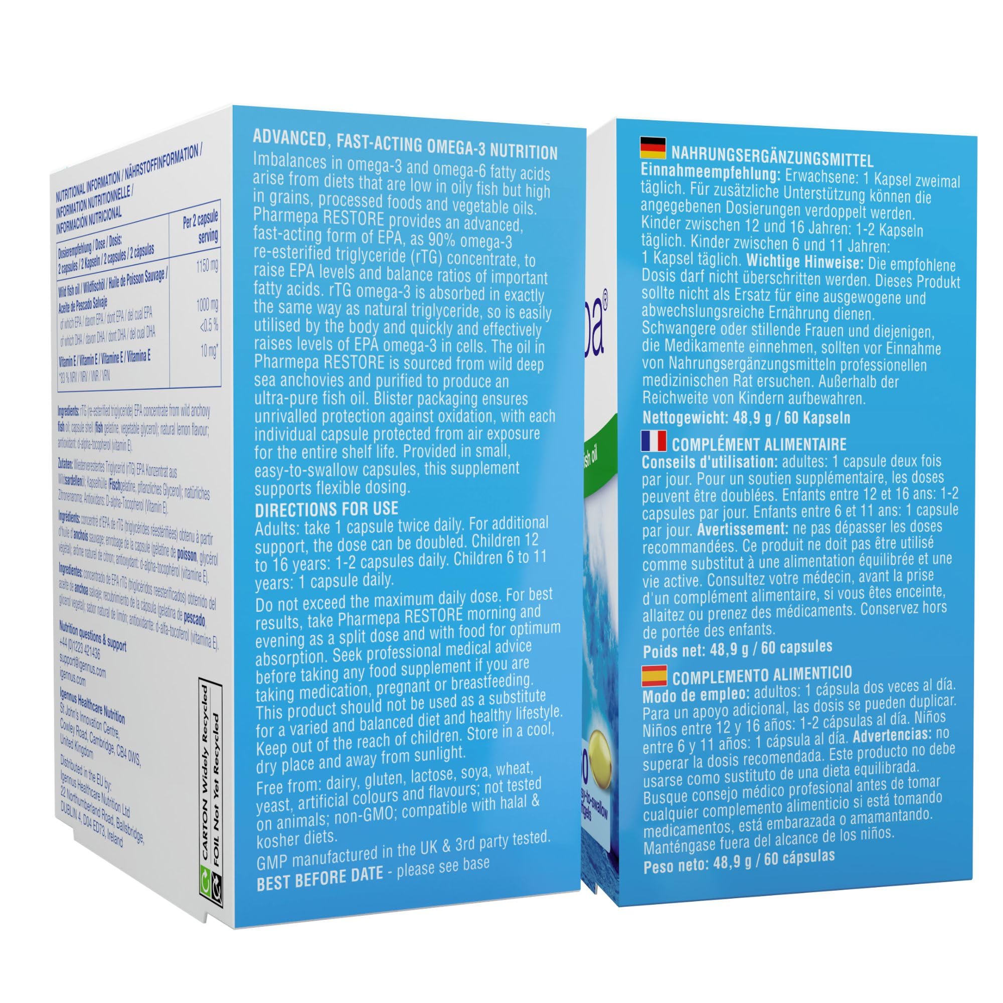 Igennus Pharmepa Restore, 1000mg reines EPA, IFOS-zertifiziert | Omega-3 rTG Fischöl, 60 Weichkapseln, 90%-ige Konzentration, dreifache Stärke, aus nachhaltigem Wildfang, Zitrusgeschmack