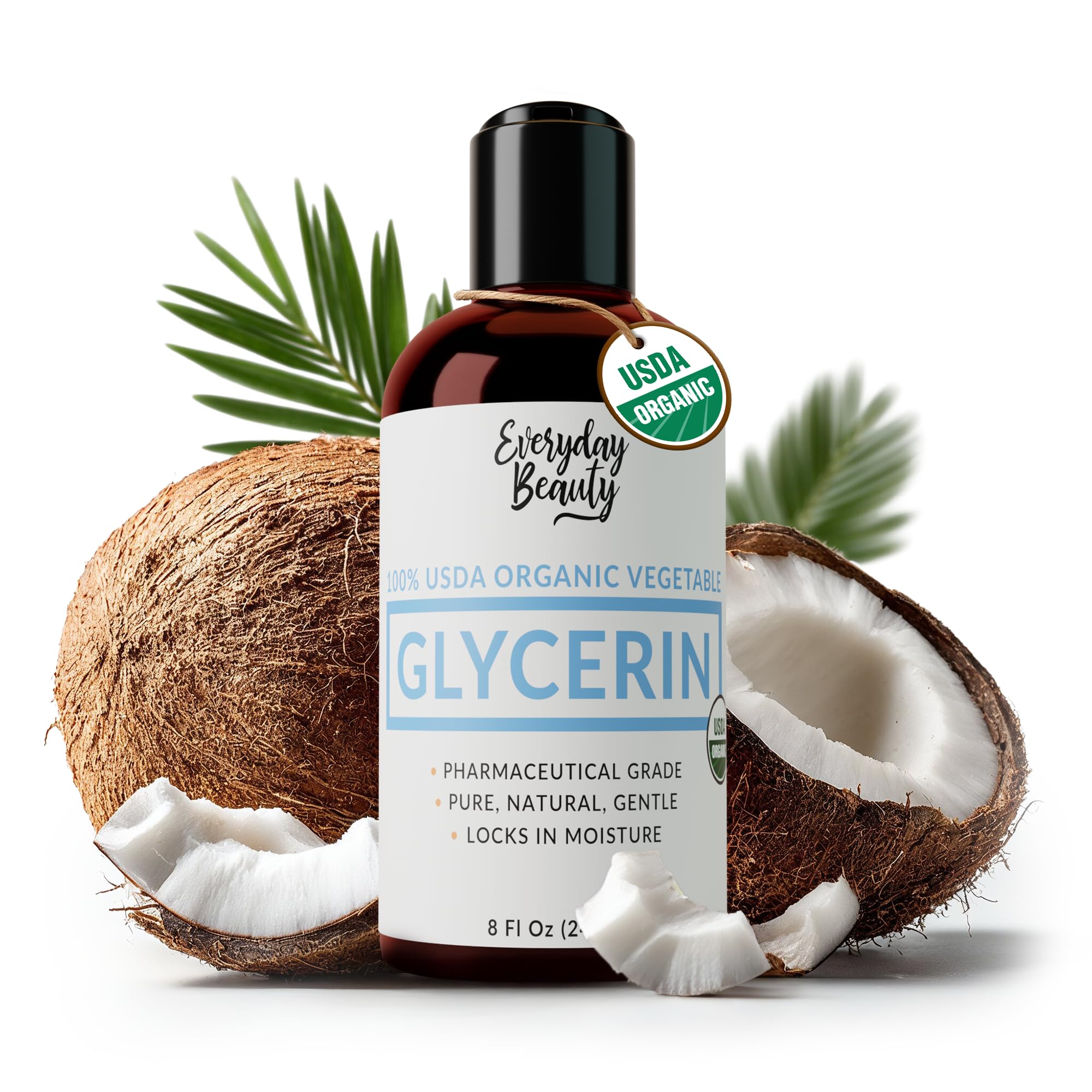 Everyday Beauty 100% Organic Glycerin - USDA Certified - Perfect for DIY Beauty Products, Crafts, and Formulations - Derived From Coconut - Skin and Hair Moisturizer for Deep Hydration - 8 Fl Oz