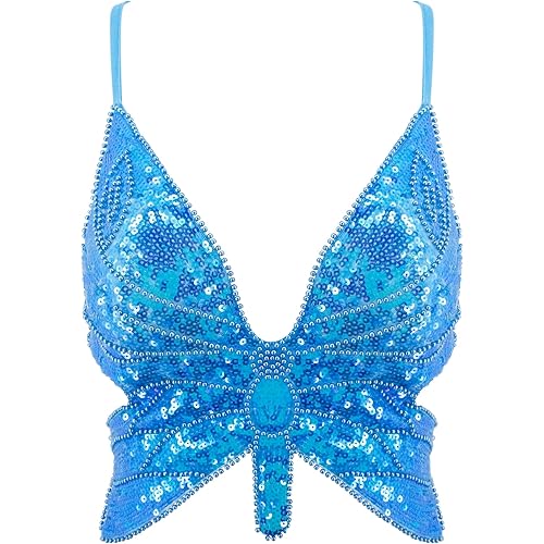 Womens Indian Belly Dance Costumes Performance Outfits Butterfly Bandage Padded Bra Sequin Pearl Embroidery Tank Top