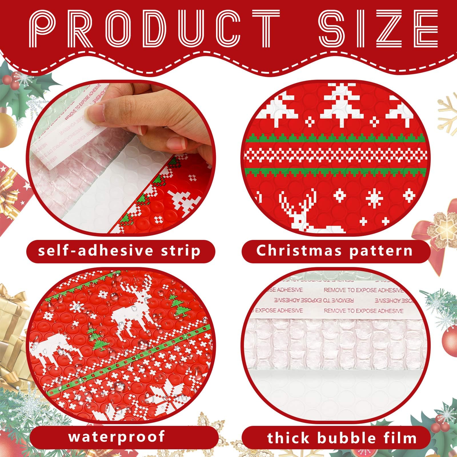 JarThenaAMCS Luftpolster-Versandtaschen, Weihnachtsmotiv, selbstklebend, Elch, Schneeflocke, Weihnachtsstern, für Weihnachten, Winter, kleine Unternehmen, 21,1 x 29 cm, Rot / Grün, 50 Stück