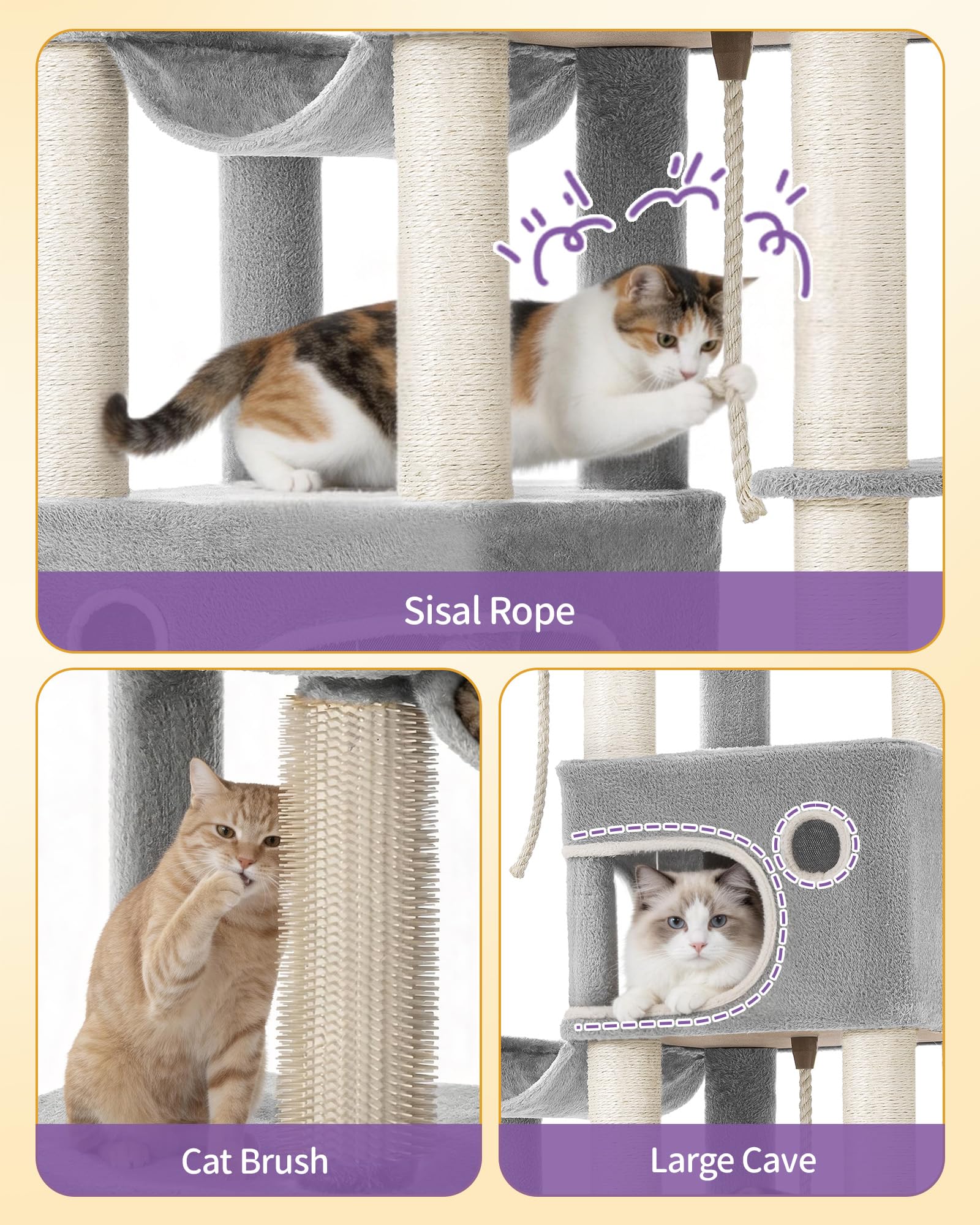 Hzuaneri Albero Tiragraffi Grande per Gatti, Torre per Gatti da Interno 213 cm con 2 Piattaforme XL, 2 Grotte, 10 Pali in Sisal, 2 Amache e Massaggiatore, per Maine Coon, Grigio Chiaro, MS21418LG