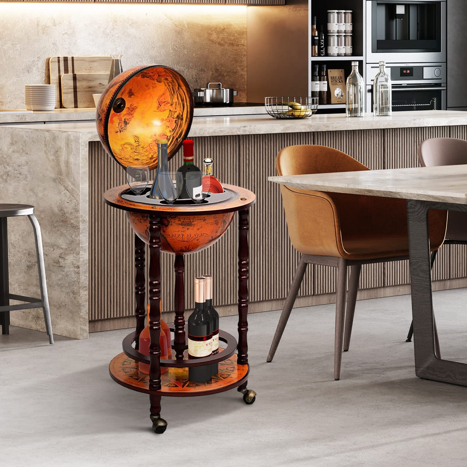 GIANTEX Gabinete de Vino Móvil en Forma de Tierra, con Doble Capa y Tres Ruedas, Madera de Eucalipto, Pueden Almacenar Botellas de Vino y Vasos, Utilizar en Salas de Estar, Bares y Restaurantes