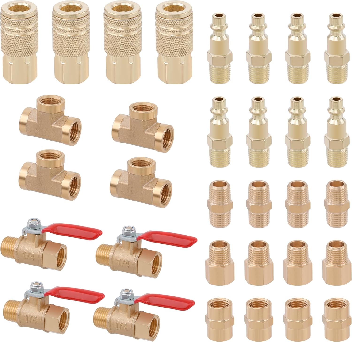 KOOTANS 32PCS 1/4" NPT Brass Pipe Fittings Kit Air Hose Fitings, Ball Valve, Reducer Adapter, Hex Nipple, Hex Coupling, Street Tee Fitting Kits Air Compressor Quick Connect Fittings