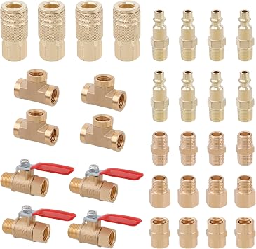 KOOTANS 32PCS 1/4" NPT Brass Pipe Fittings Kit Air Hose Fitings, Ball Valve, Reducer Adapter, Hex Nipple, Hex Coupling, Street Tee Fitting Kits Air Compressor Quick Connect Fittings