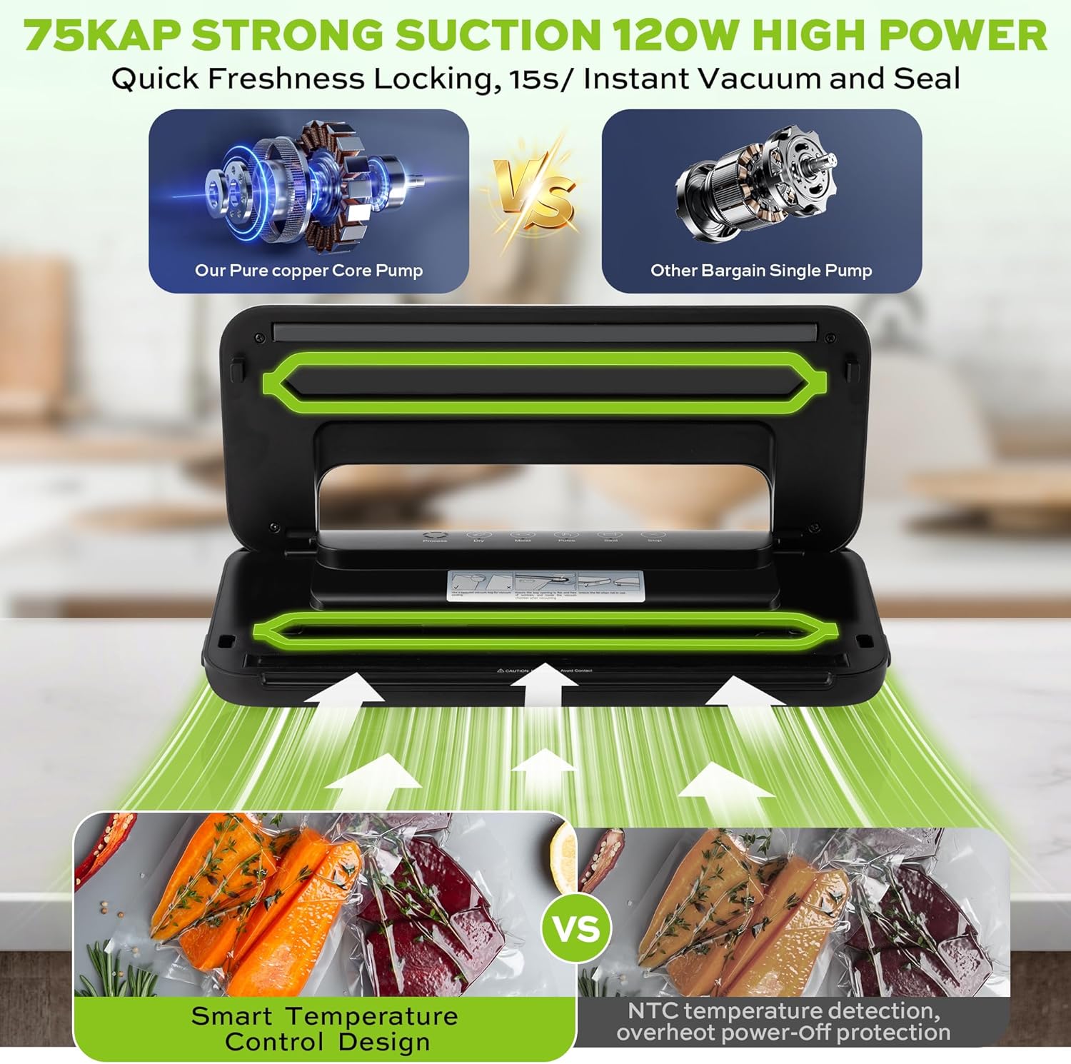 75KPa 6-in-1 Automatic Vacuum Sealer Machine | Digital Food Saver with Pulse Function | Dry & Moist Food Modes | Includes 12 Vacuum Bags, External Sliding Blade & External VAC for Jars/Containers - Image 3