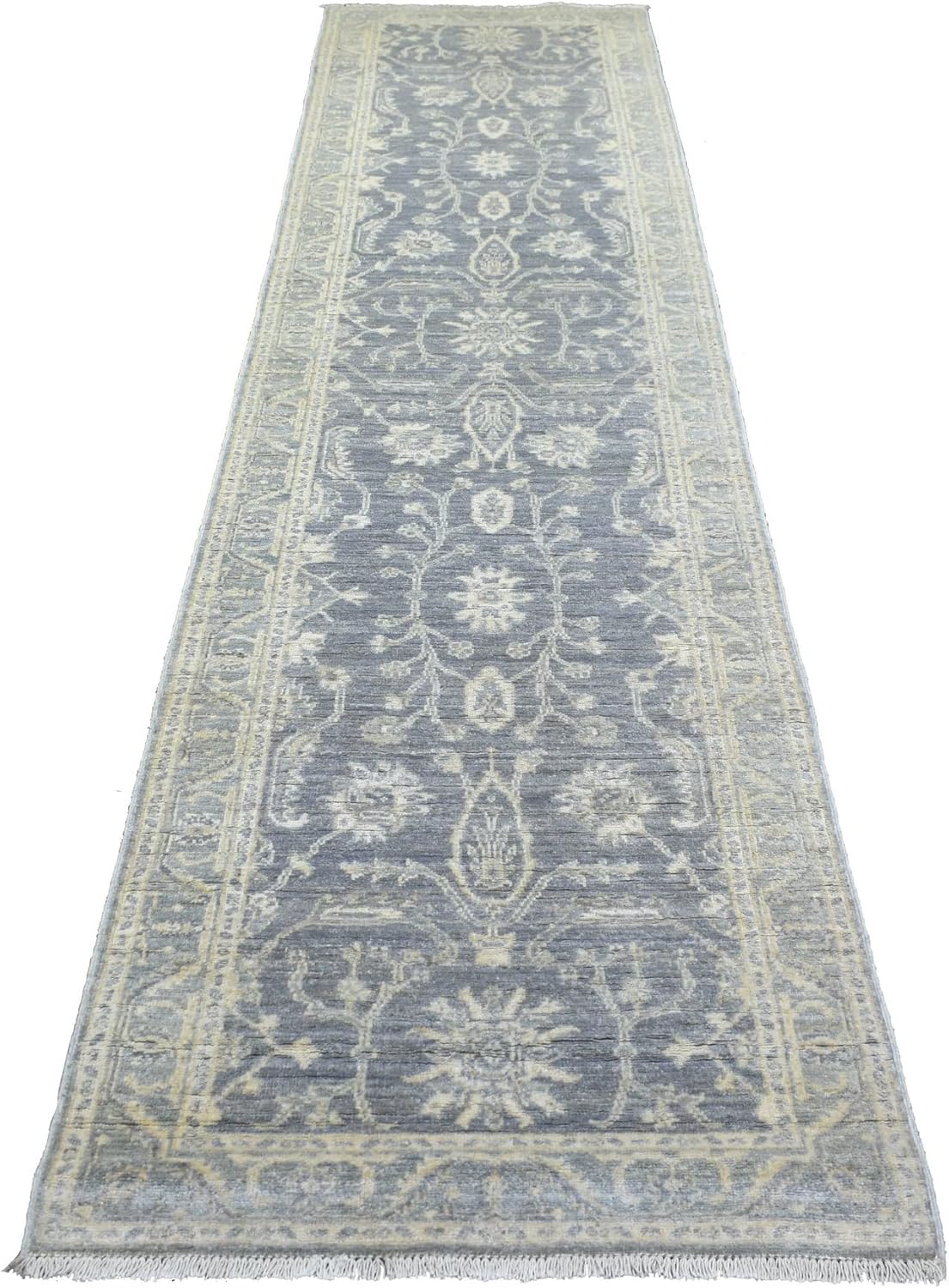 Stone Gray Extra Soft Wool Hand Knotted Fine Peshawar with All Over Design Densely Woven Runner Oriental Rug (2'9"x11'5")