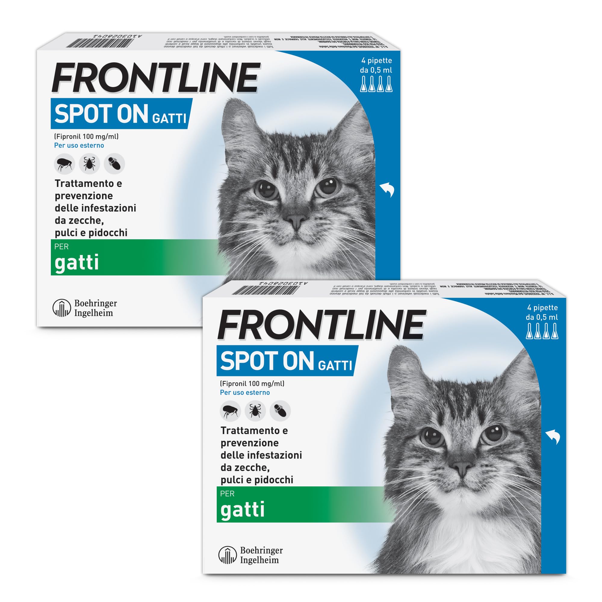FRONTLINE Spot On, 4 e 4 Pipette, Gatto, Antiparassitario per Gatti e Gattini di Lunga Durata, Protegge da Zecche, Pulci e Pidocchi, Antipulci in Confezione da 8 Pipette da 0.5 ml