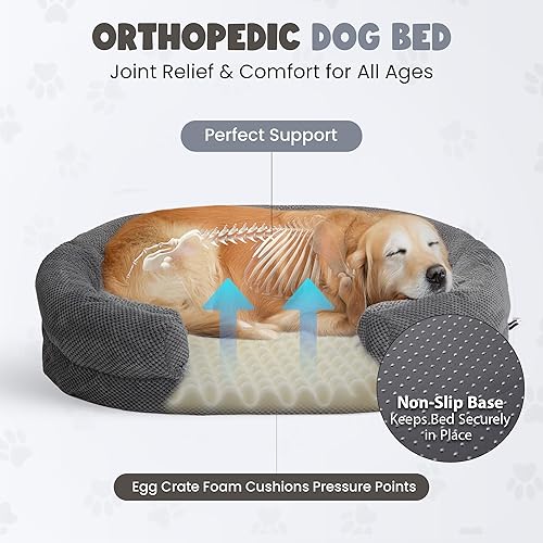 Miniatura 5 de Cama ortopédica para perros grandes, sofá de piel de espuma viscoelástica con lados cómodos, sofá cama suave y grande para perros con funda