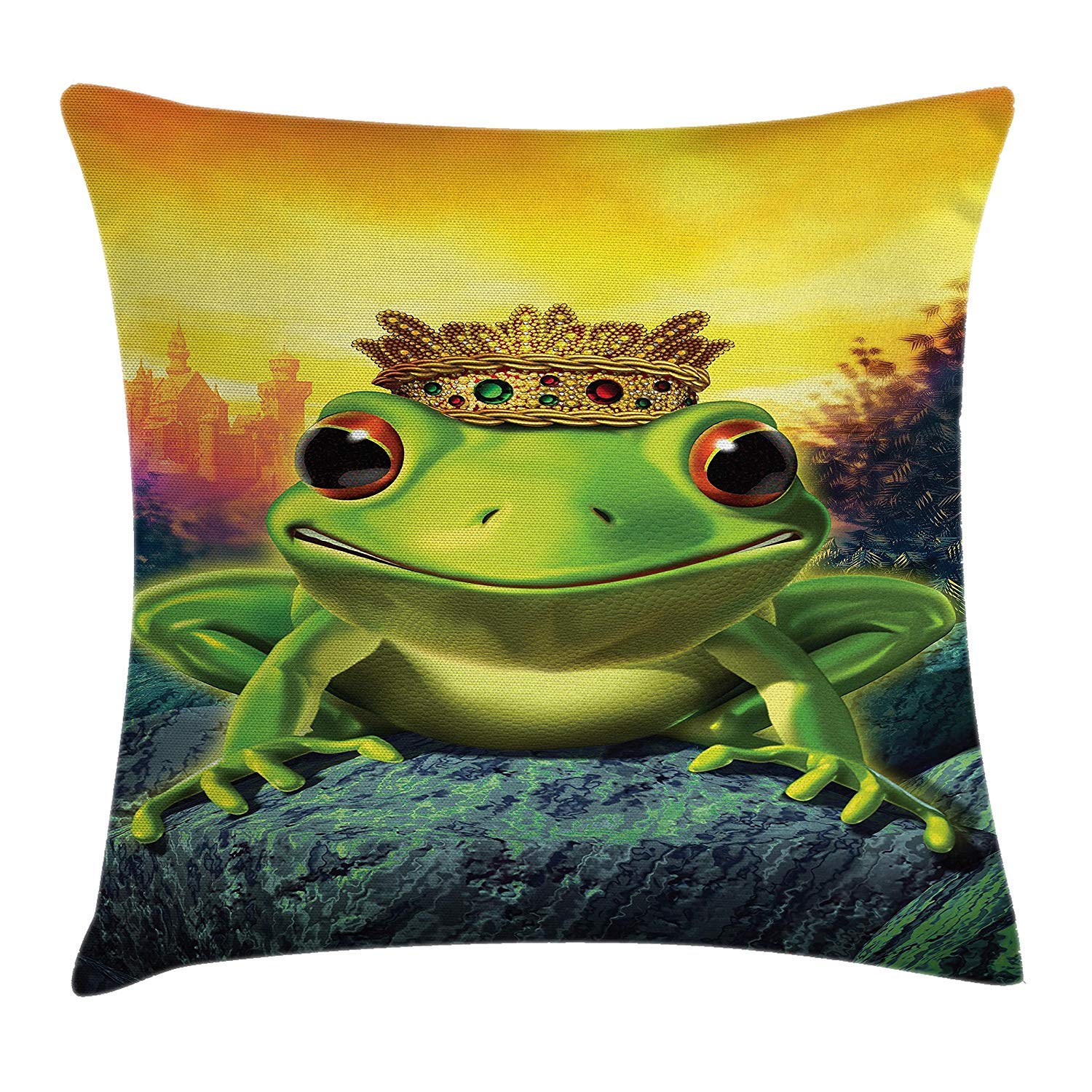 VICKKY Animal Throw Pillow Cushion Cover, Frog Prince with Golden Yellow Crown on Rocks Fairytale Soul Mates Illustration, Decorative Square Accent Pillow Case, 18 X 18 Inches, Green Yellow