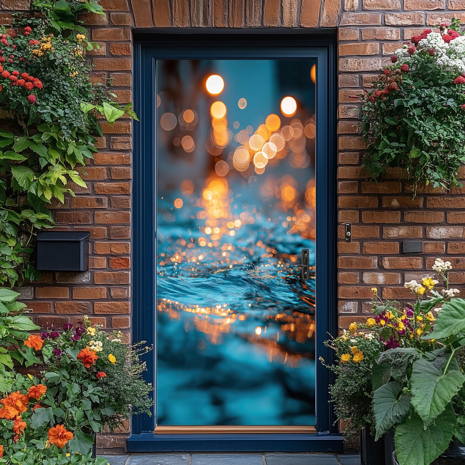 Papel pintado autoadhesivo para puerta, minimalista, superficie de agua, póster para puerta, adhesivo para puerta, textura ondulada resistente al agua, lámina de vinilo para puerta, azul extraíble