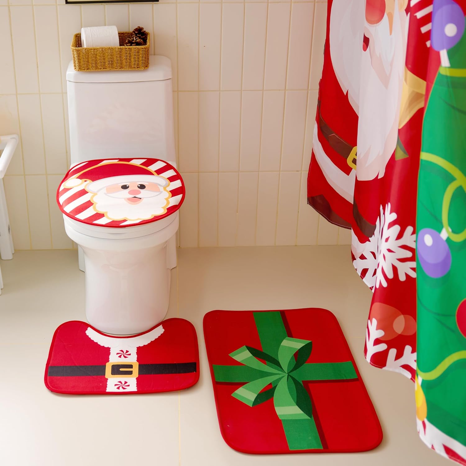 JOYIN 4 Pcs Christmas Bathroom Set with Shower Curtain, Bath Mat, Toilet Lid Cover, U Shape Rug & Hooks, Xmas Bathroom Decor Santa Claus Theme for Holiday Use Party Favors Indoor