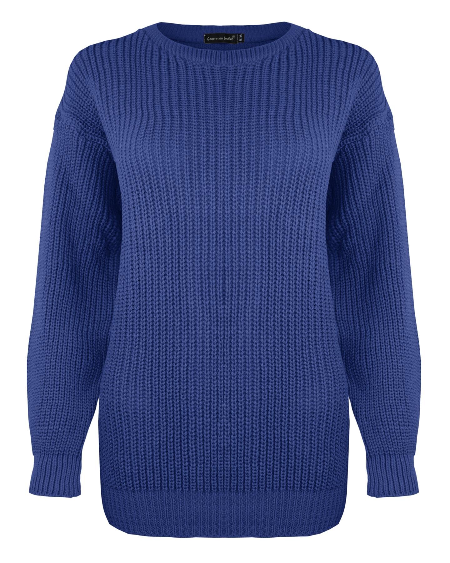 Generation Fashion New Ladies Women Oversized Long Sleeve Knitted Baggy Jumper Sweater Crew Neck Pullover Top[Navy,XXL]