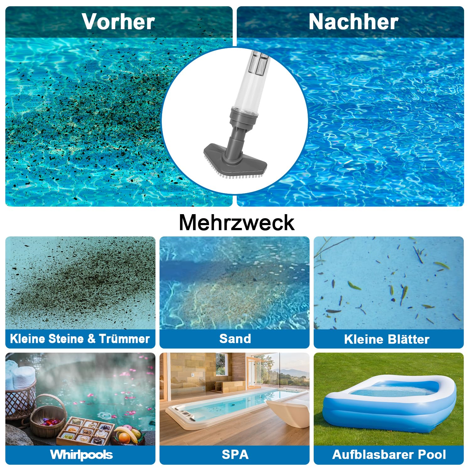 3 en 1 Poolsauger Kabellos mit Akku, Pool Handsauger Bodensauger, 90 Minuten Laufzeit Poolreiniger mit Teleskopstange, Pool Staubsauger für kleine Pools, Spas, Whirlpools, Grau