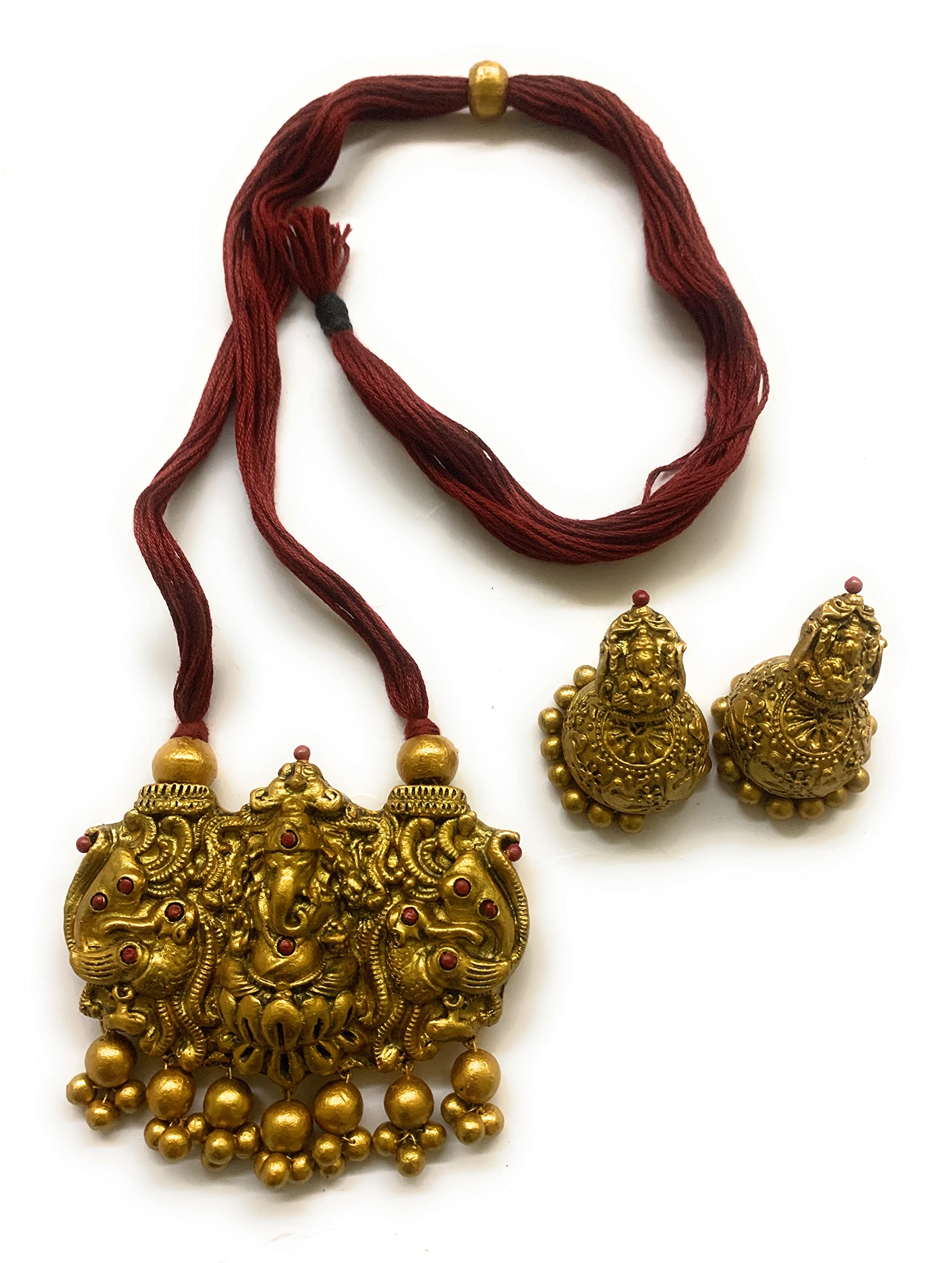 SanaaS Terracotta Jewellery In Ganesh Pendants With Rope Necklace Set In Maroon & Golden Colour For Women (B09X1BS8W7) Amazon Price History, Amazon Price Tracker