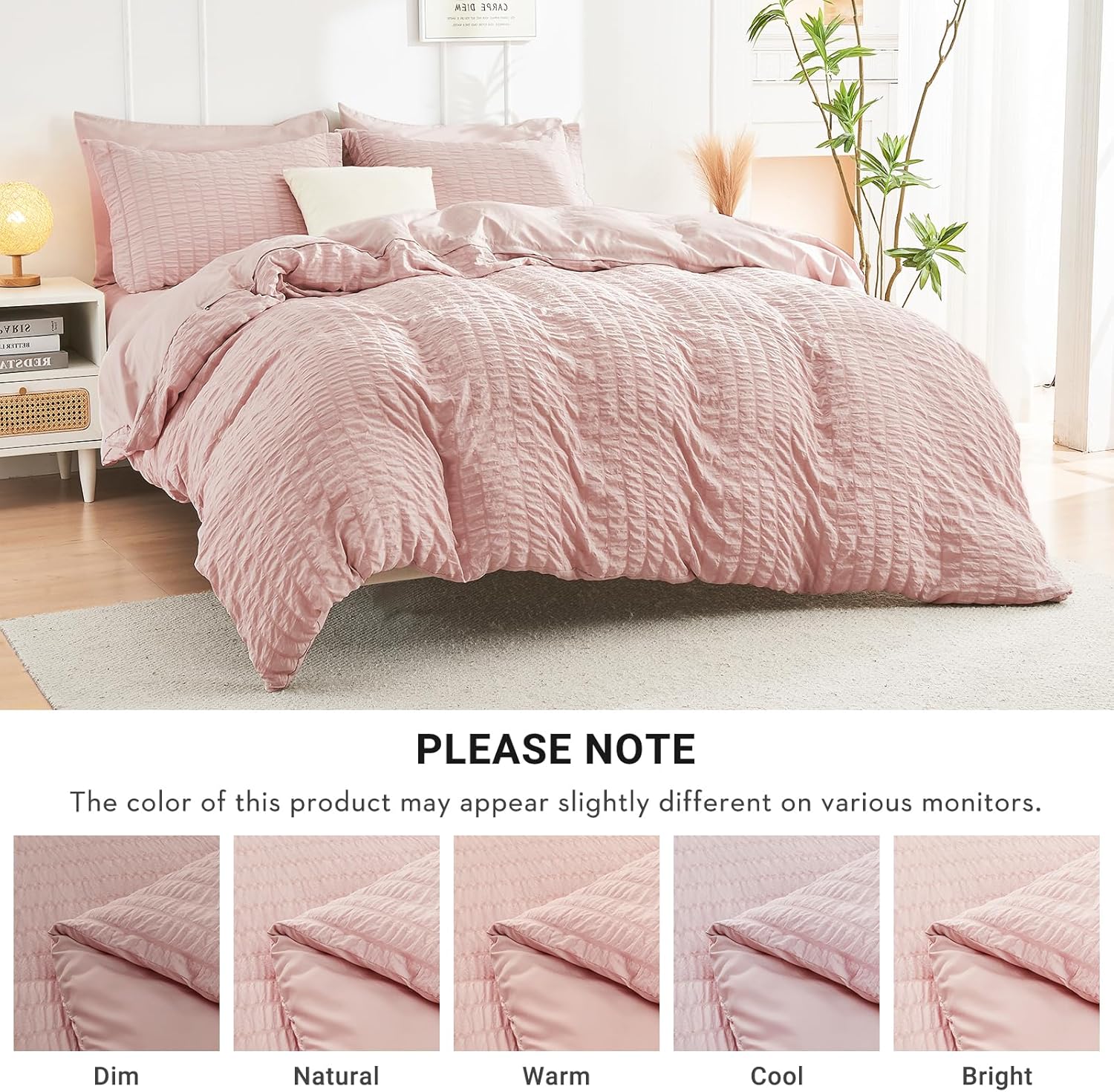 Light Pink Large Comforter Set Seersucker 7 Pieces, All Season Luxury Bed in a Bag for Bedroom, Bedding Set with Comforters, Sheets, Pillowcases & Shams