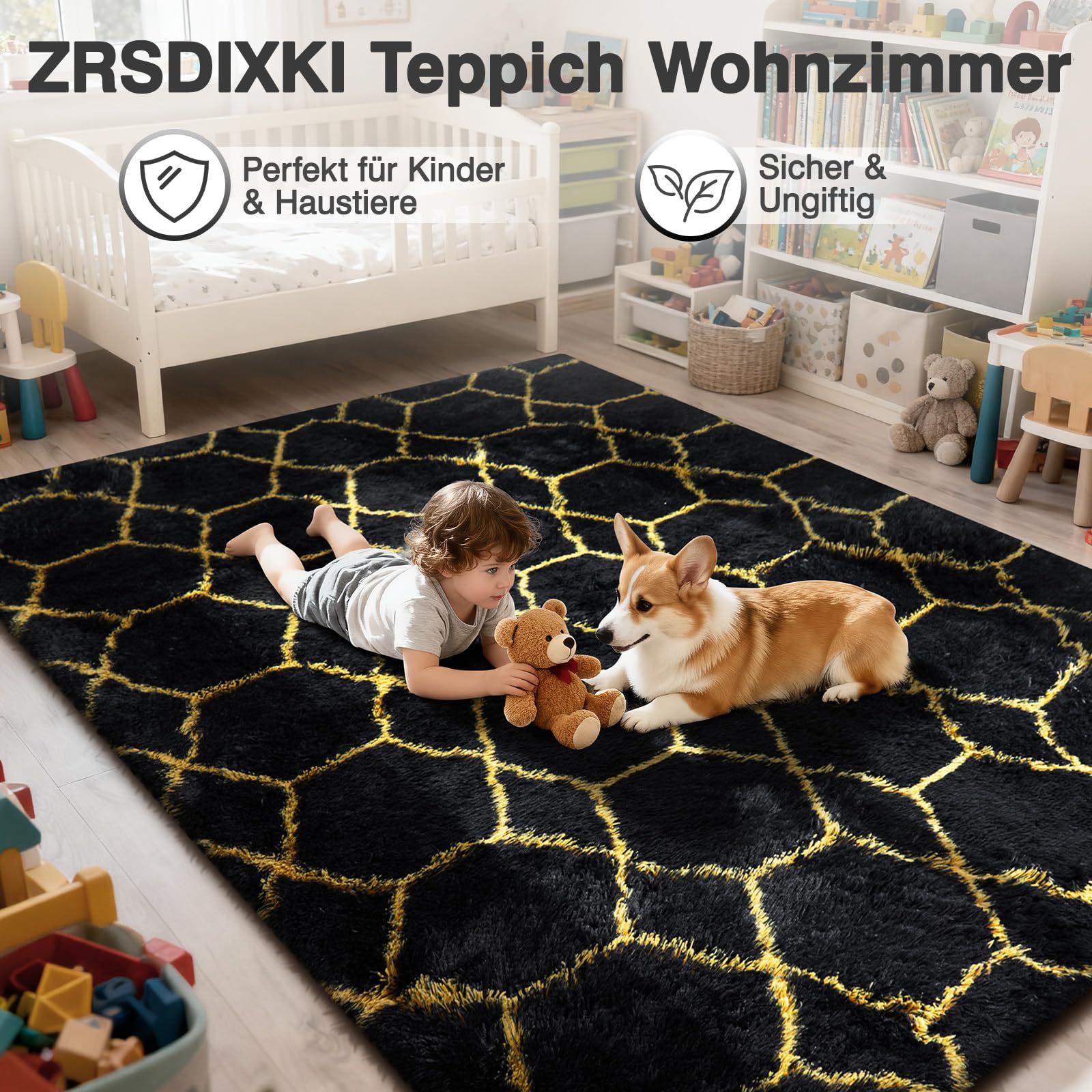 Hochflor Teppich Wohnzimmer 200x300 cm, Schwarz Gold Geometrisch