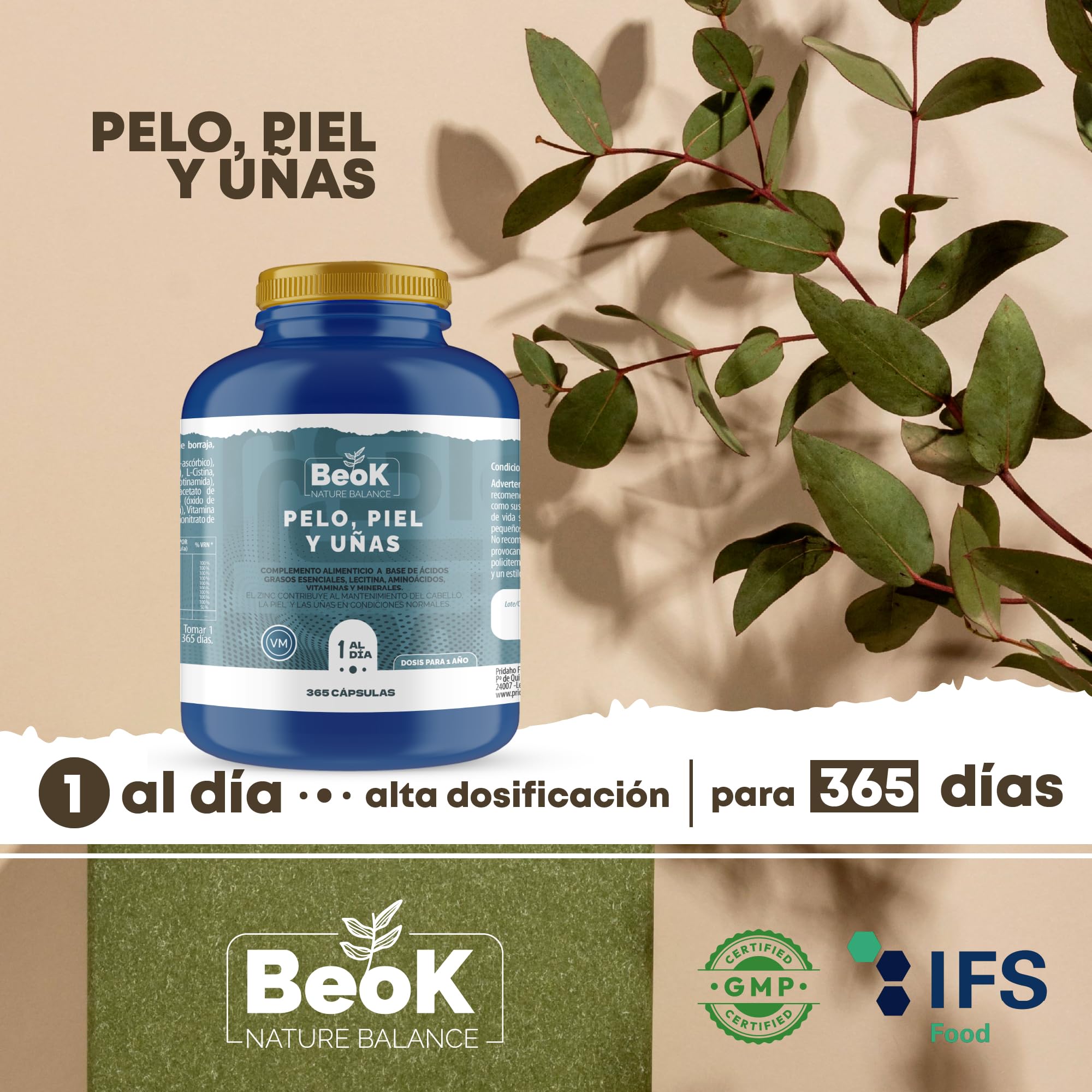 BEOK Pelo, Piel y Uñas 365 Cápsulas – Suplemento Alimenticio con Omega 3-6, L-Cistina, Biotina, Hierro, Zinc y Vitaminas C, E y Complejo B – Suministro para 1 Año