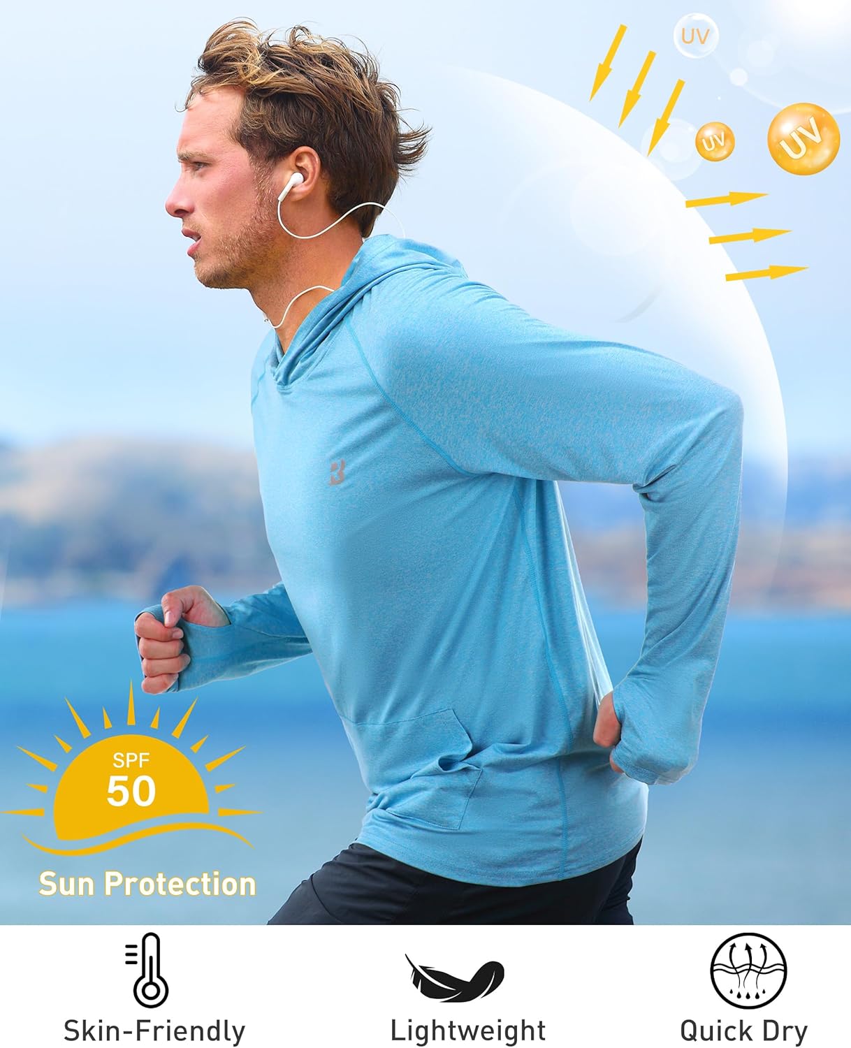 Roadbox UPF 50+ Mens Long Sleeve Fishing Shirts, Sun Protection Athletic Hoodies with Pocket, Outdoor Running Rash Guard - Image 4